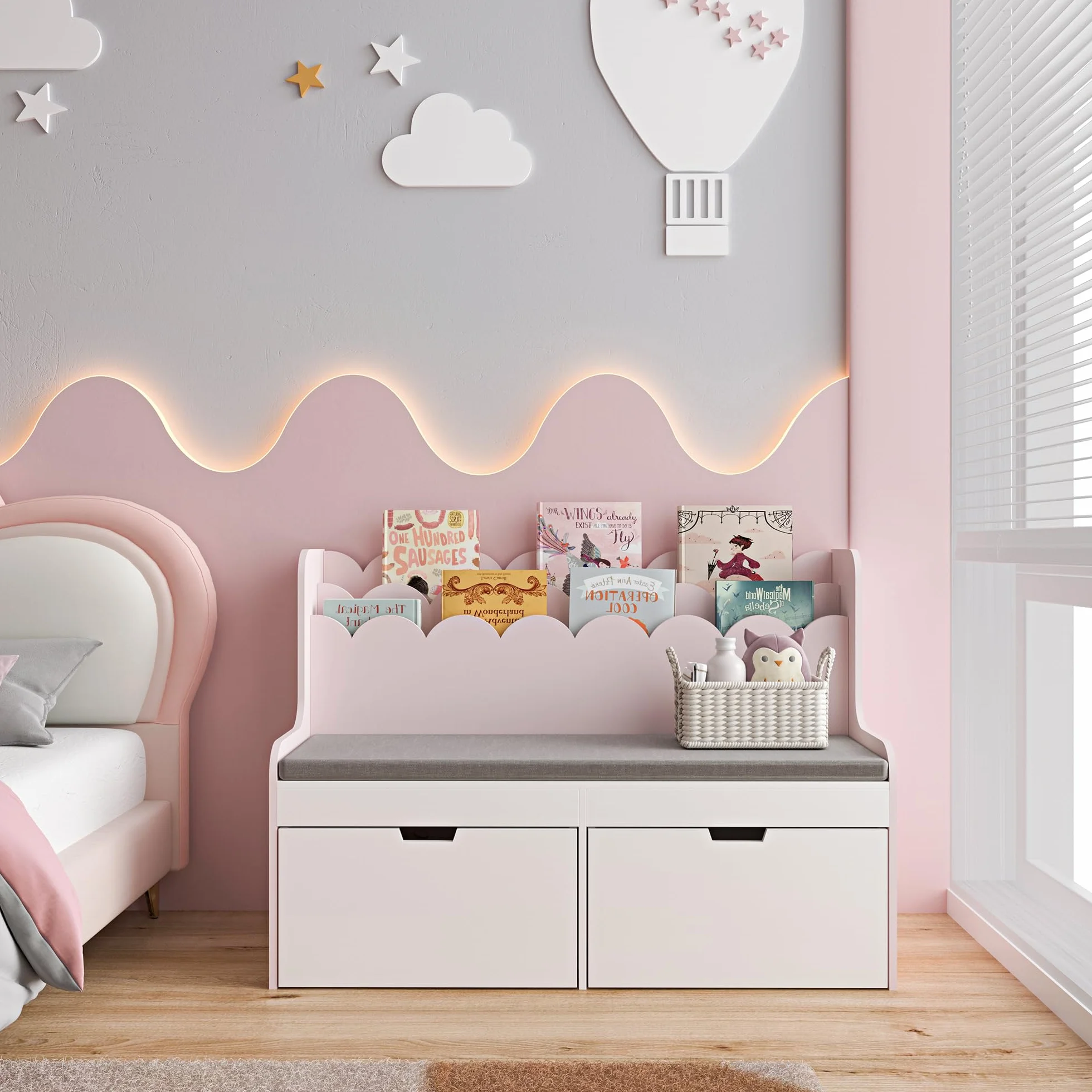 Vestnes Banco Infantil con Cajones Organizador Zapatero para Niños Cojín 100 x 45 x 70 cm Rosa/Blanco