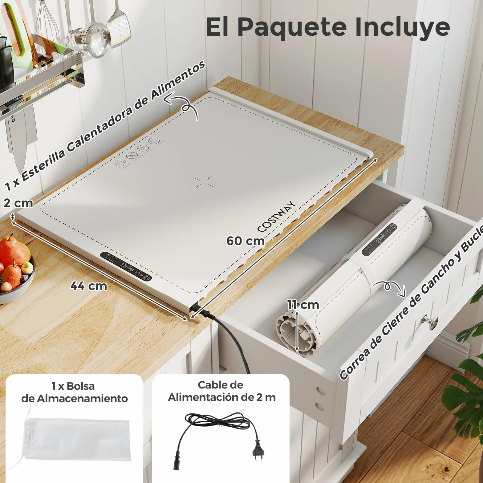 COSTWAY Manta Eléctrica Calentar Alimentos, Bandeja Silicona Enrollable Portátil, Calentamiento Rápido, Apagado Automático Bloqueo Niños Blanco