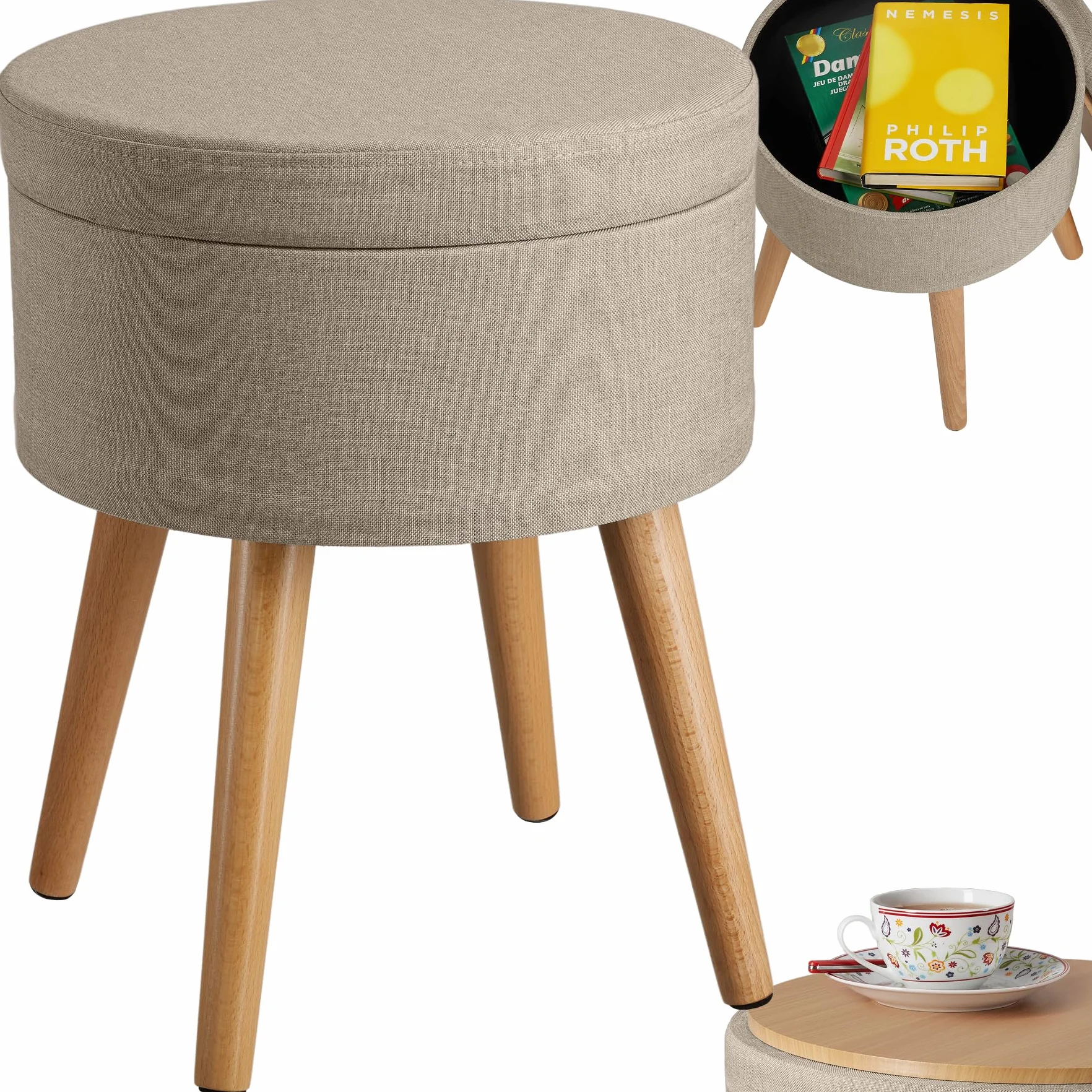 Tectake Puff Almacenaje Dormitorio con Asiento Acolchado Estructura Plegable Banco Taburete 42,5x42,5x45,5 cm Arena