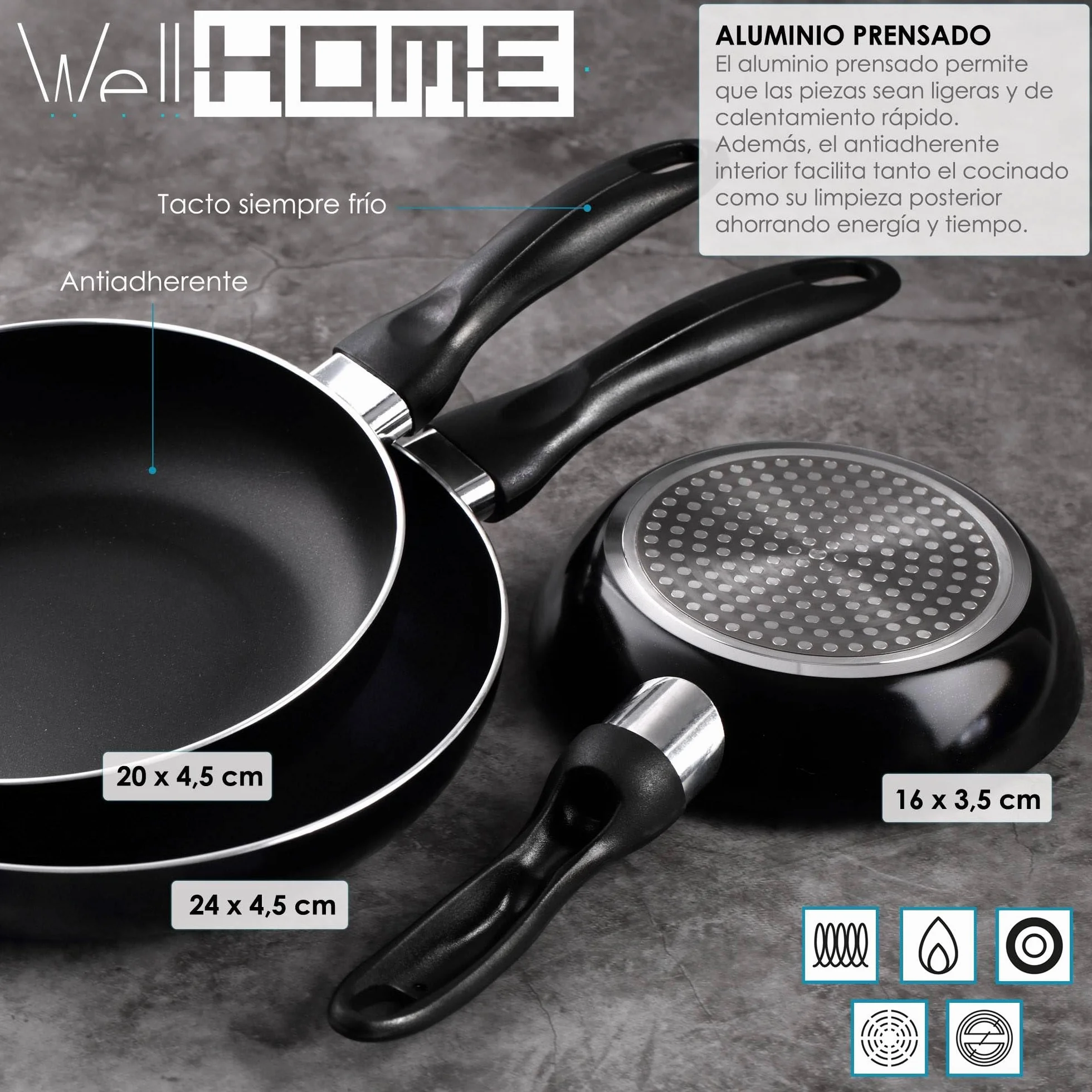 Bistro Series Set Batería de Cocina 7pc Acero Inoxidable + 3 Sartenes Negro Aluminio Prensado