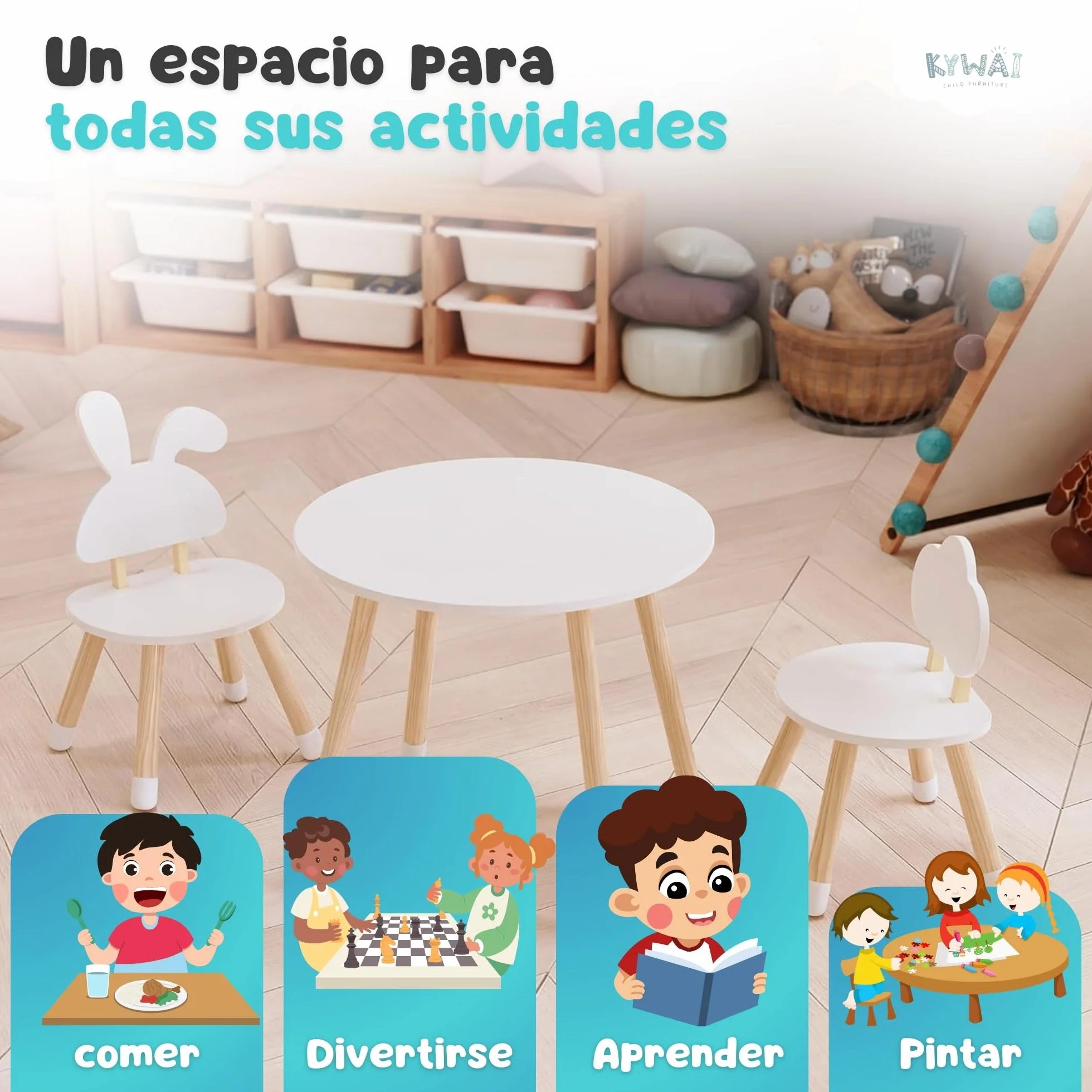 Mesa y Silla Infantil Madera Pino Conjunto Mesa Redonda 2 Sillas Blanco