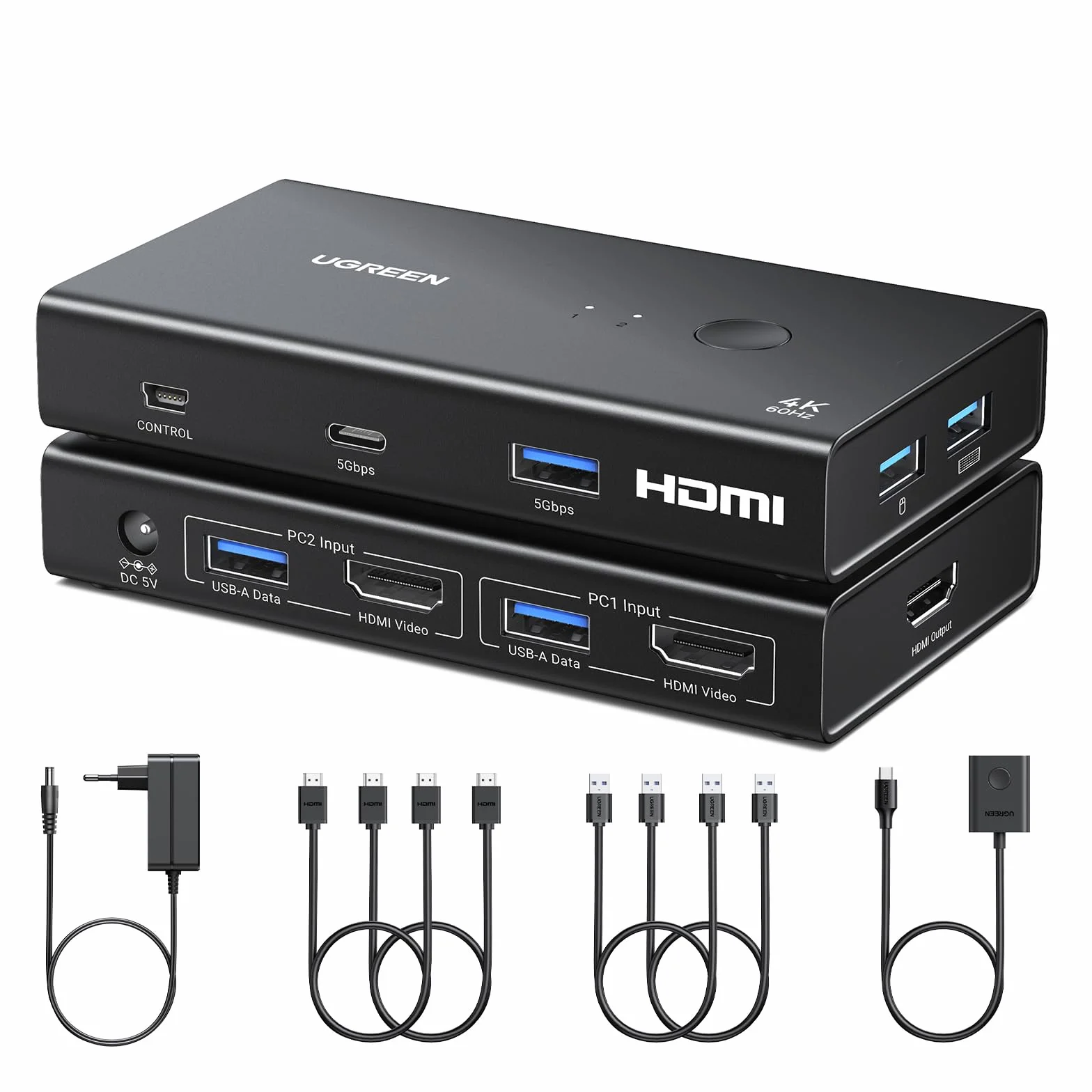 UGREEN Switch KVM HDMI 4K 60Hz 2 Entradas 1 Salida con 4 Puertos USB A y 1 Tipo C 3.0 para Teclado Ratón Impresora con 4 Cables Adaptador de Corriente Controlador de Escritorio