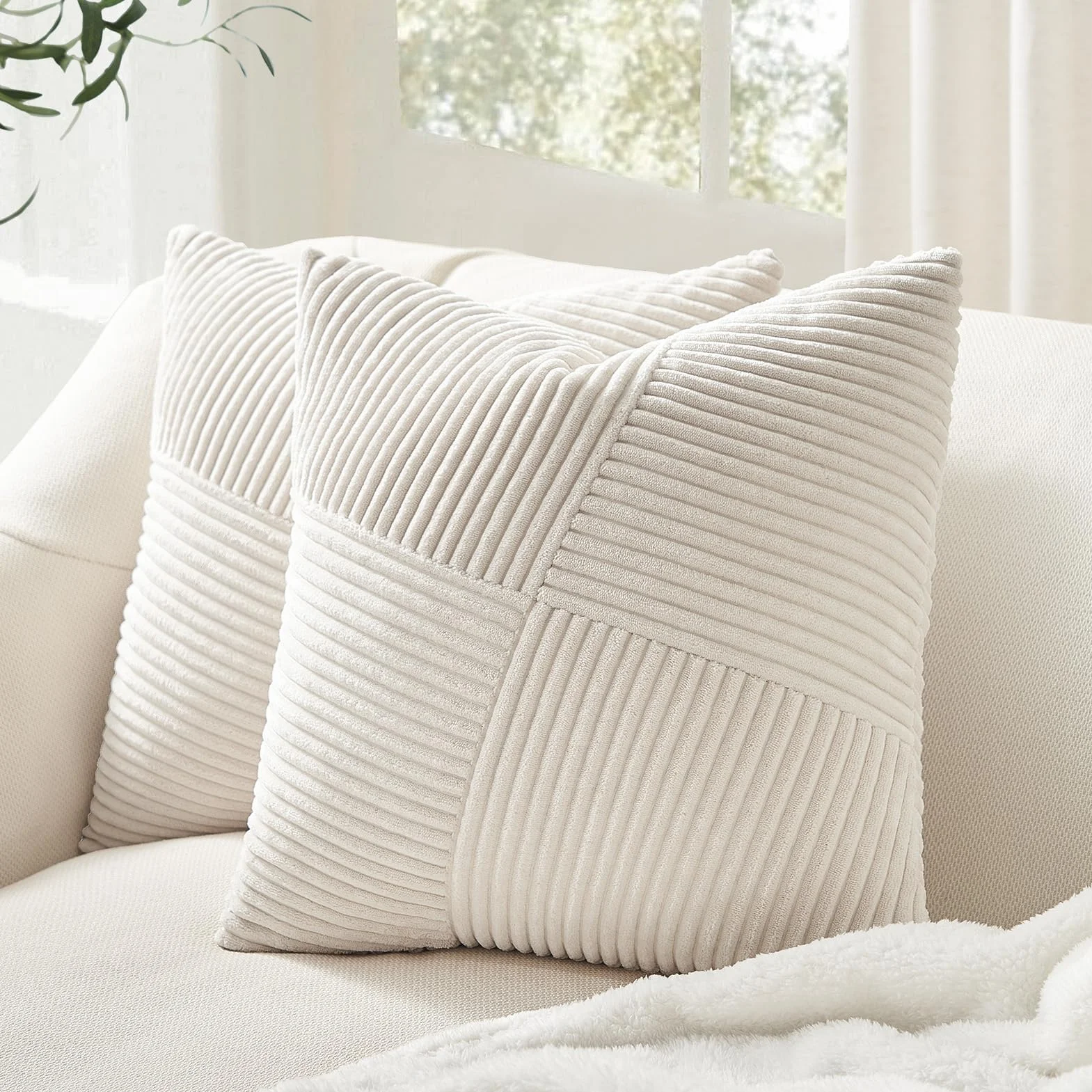 Topfinel Funda Cojines Pana 45x45 Blanco Crema Cremallera Oculta 2 Piezas