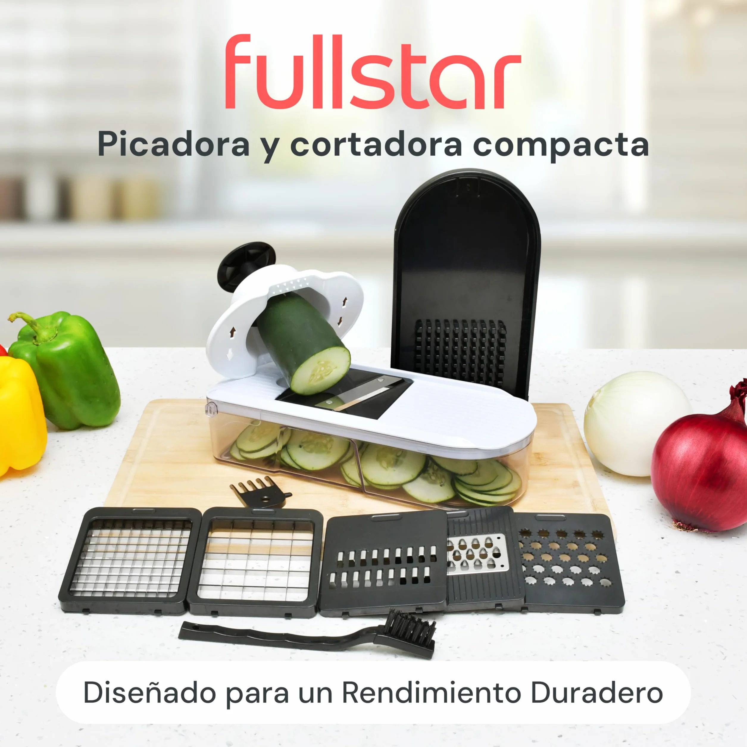 Fullstar Cortador de Verdura Mandolina Profesional 6-en-1 Blanco - Rallador Picadora Manual para Cebolla Pepino Patatas Queso