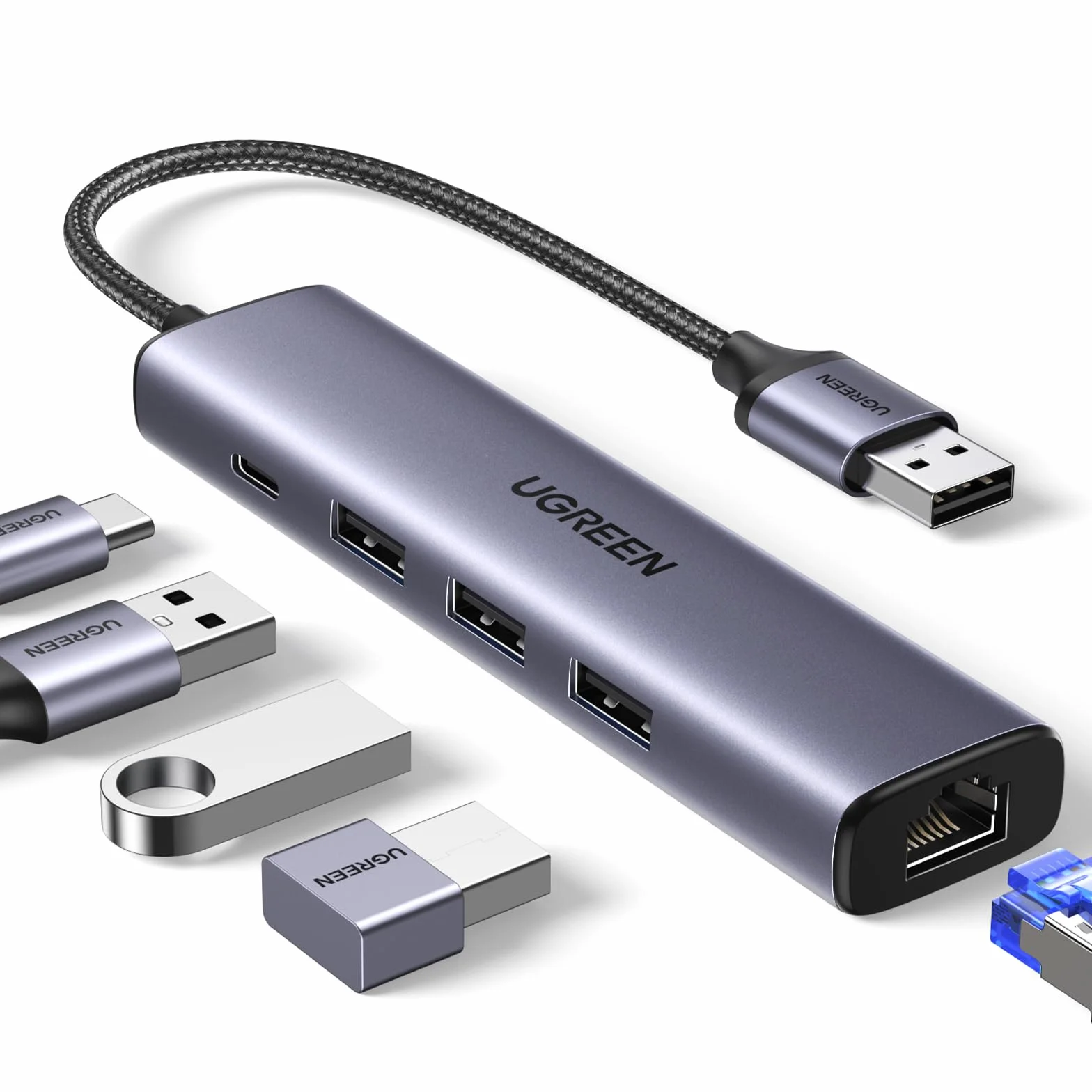 UGREEN Hub Ethernet USB 3.0 1000Mbps Concentrador RJ45 con 3 Puertos Adaptador de Red LAN Gigabit Convertidor Carcasa de Aluminio Cable Trenzado Plug y Play en Windows 11 10 8 Mac OS