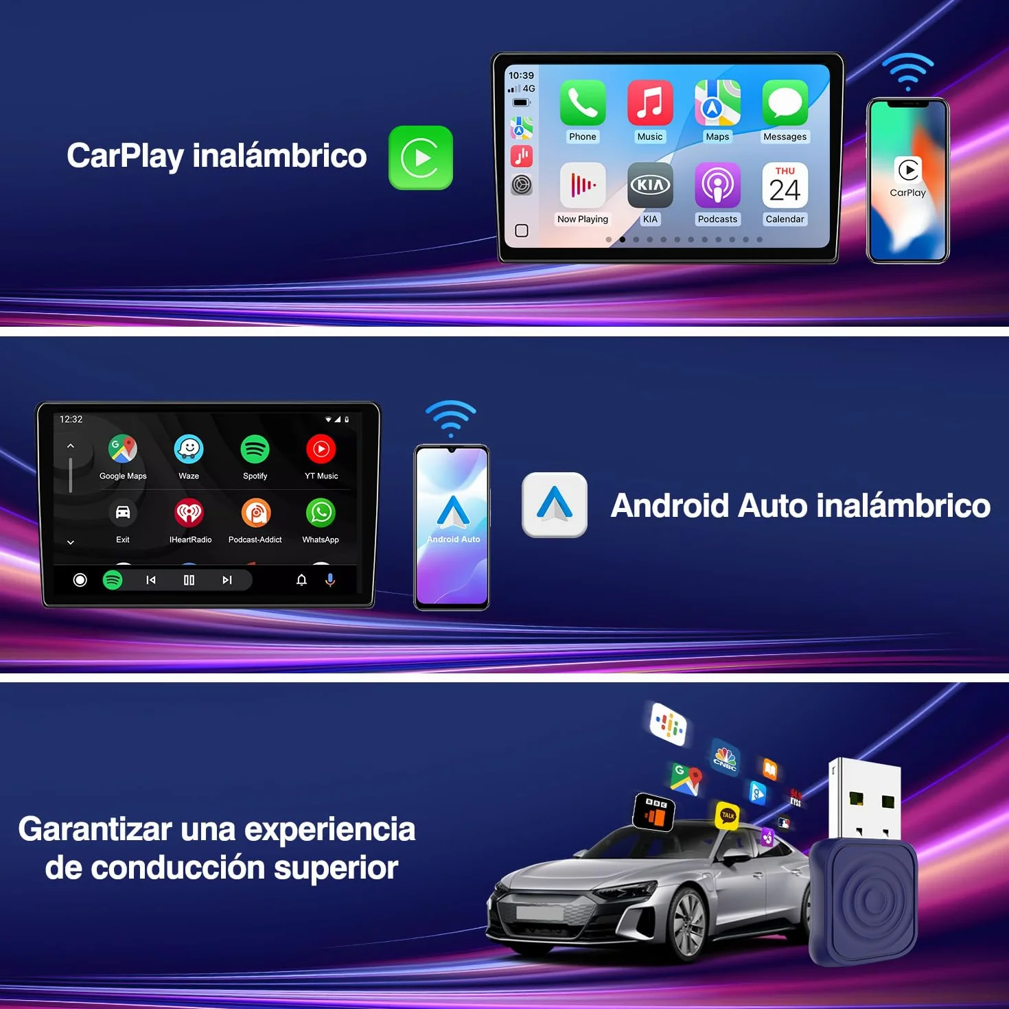 Carlinkit Adaptador inalámbrico CarPlay/Android Auto USB Mini Ultra para CarPlay con cable de fábrica y Android Auto con cable OEM, Plug & Play Wireless CarPlay/Android Auto Dongle compatible con iOS