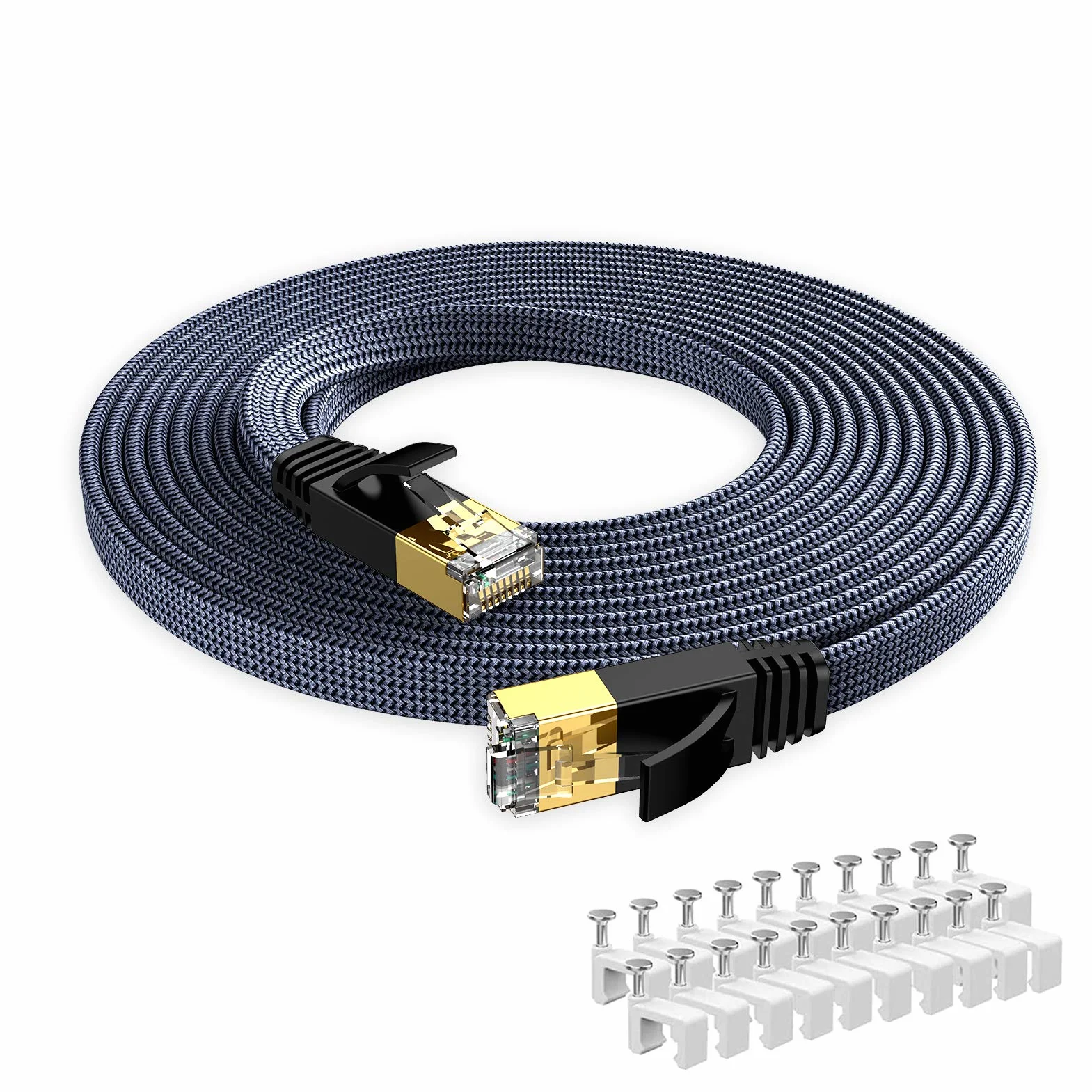 Snowkids 15m Cable de Red Ethernet cat7, Alta Velocidad 10Gbit/s 600MHz Cable Plano Trenzado de Nailon Chapado STP Cable Ethernet RJ45 para Router Modem Switch TV Box PC PS-4 Viene con 20 Clips Cable