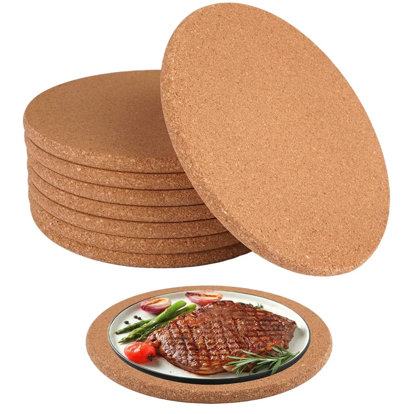 8 Piezas Salvamanteles de Corcho, 19 cm de Diámetro y 1 cm de Grosor, Posavasos de Corcho Redondo, Resistentes al Calor, Reutilizables, para Ollas, Plantas, Vasos, Floreros y Cuencos