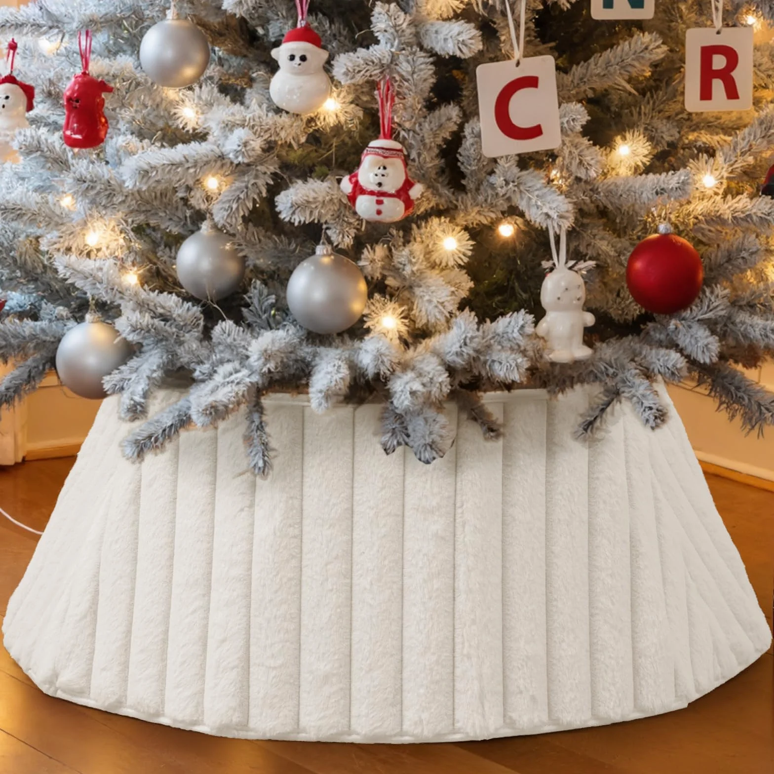 Collar de Árbol de Navidad 60cm Piel Sintética Falda Cubre Base Alfombra Decoración Navideña Interior Blanco