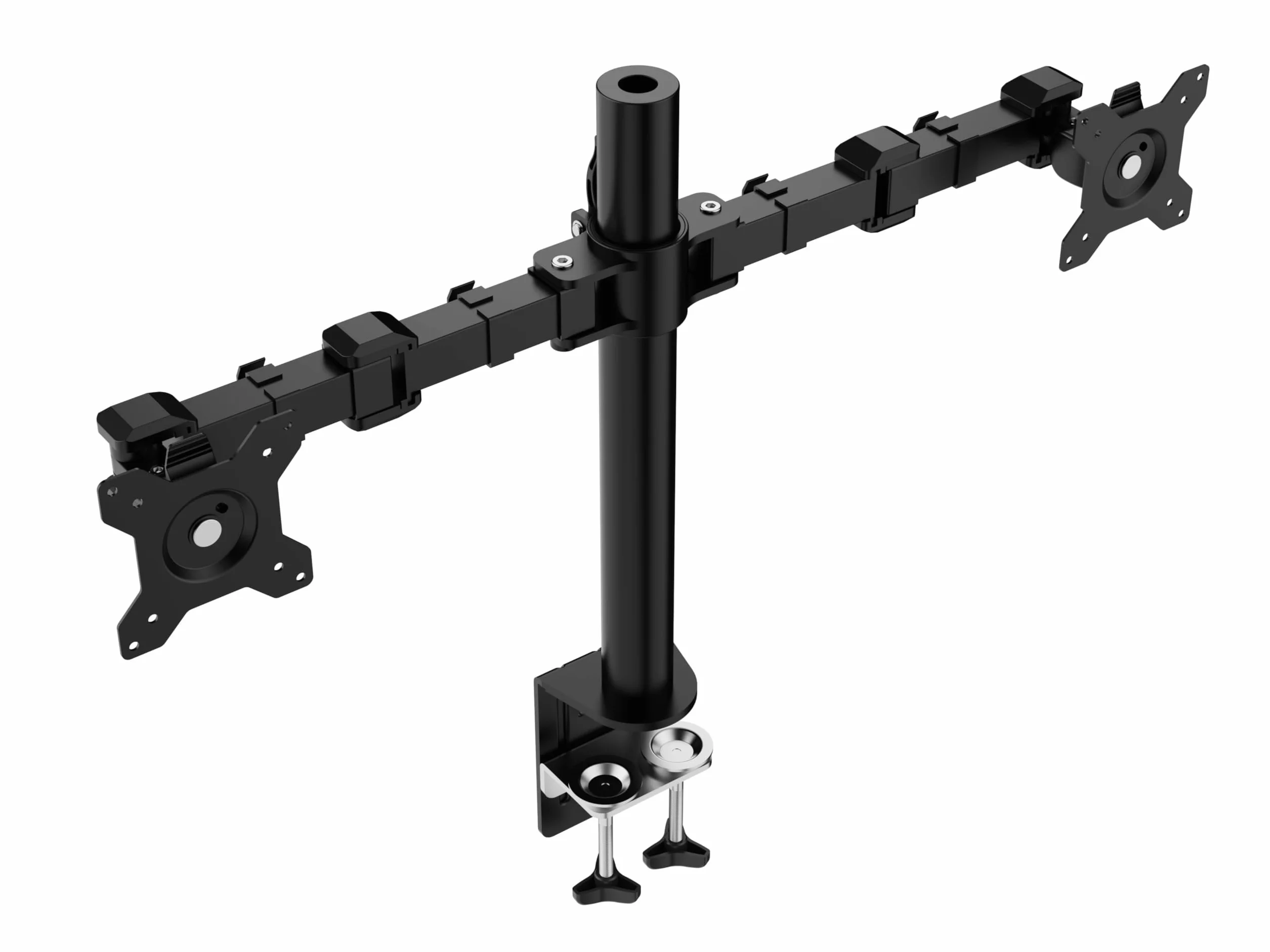 Amazon Basics Soporte para dos pantallas con brazo de montaje con altura ajustable, rotación de 360°, inclinación de pantalla ajustable y organizador de cables (acero), Negro