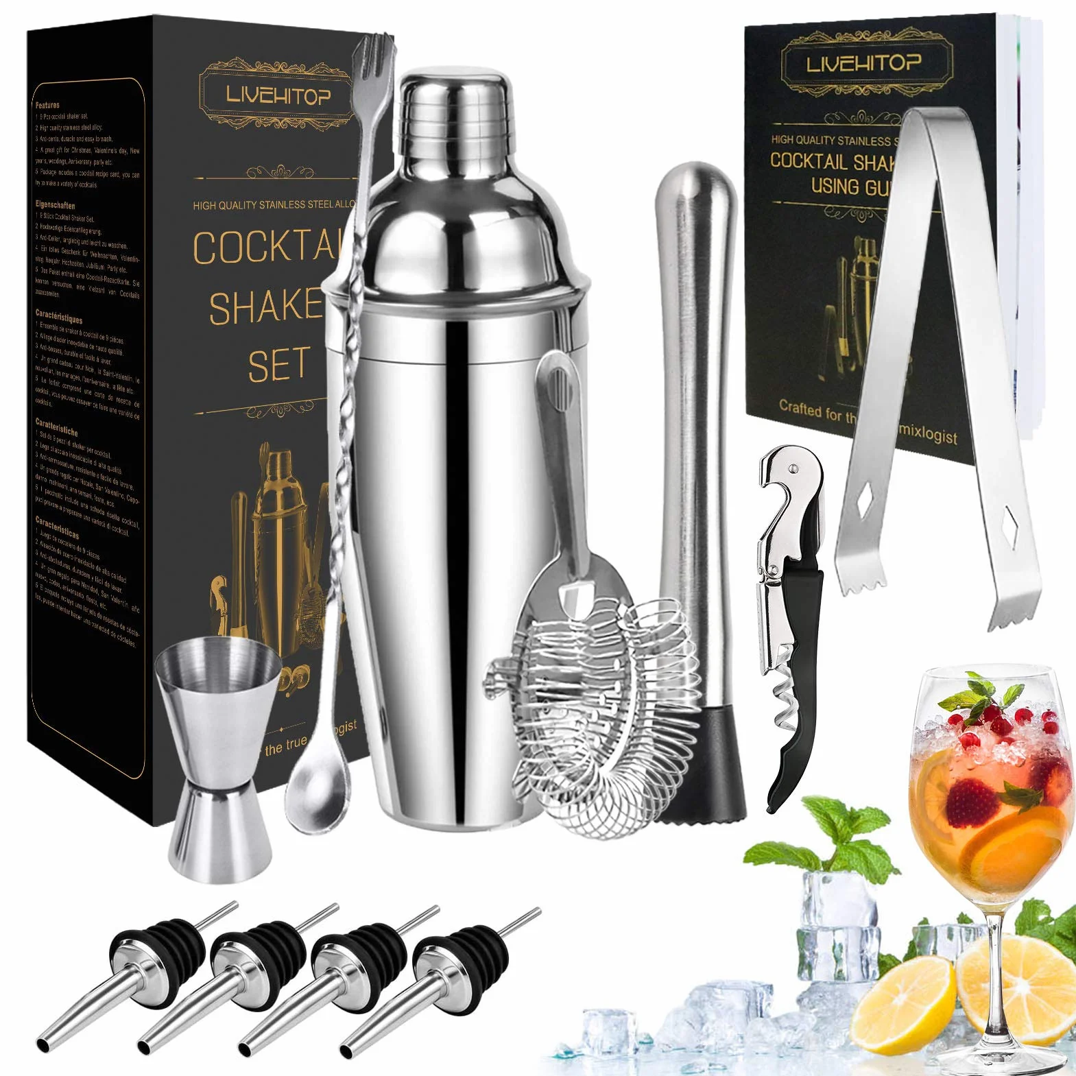 LIVEHITOP Juego Coctelera, 12 Piezas Juego Preparación Cócteles con Coctelera 750 ml, Equipo Barman Profesional para Bar, Fiesta, Hogar