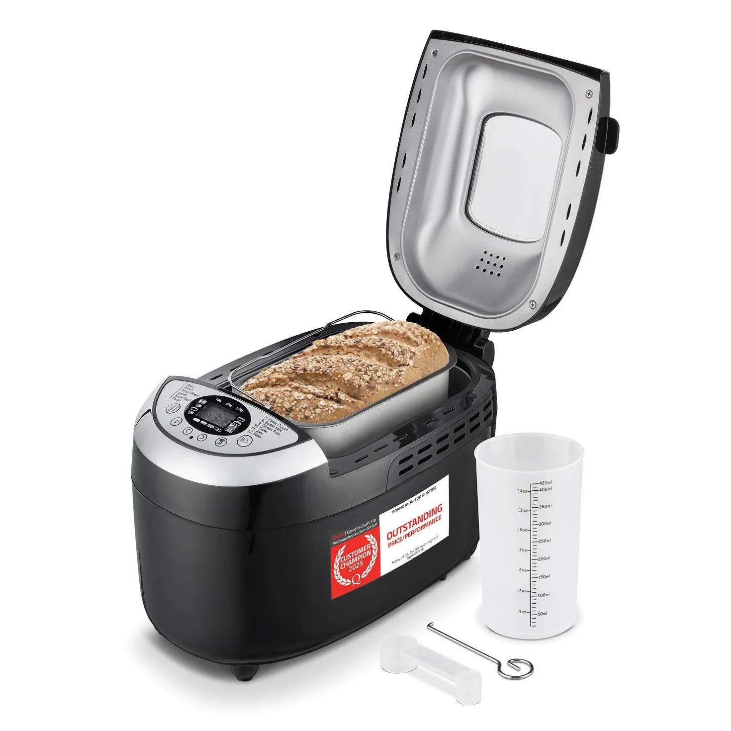 TZS First Austria - Máquina para hacer pan con 12 programas automáticos 850W - Panificadora eléctrica de 700-1250g - Con ventanilla, temporizador, accesorios y función mantenimiento caliente - Negro