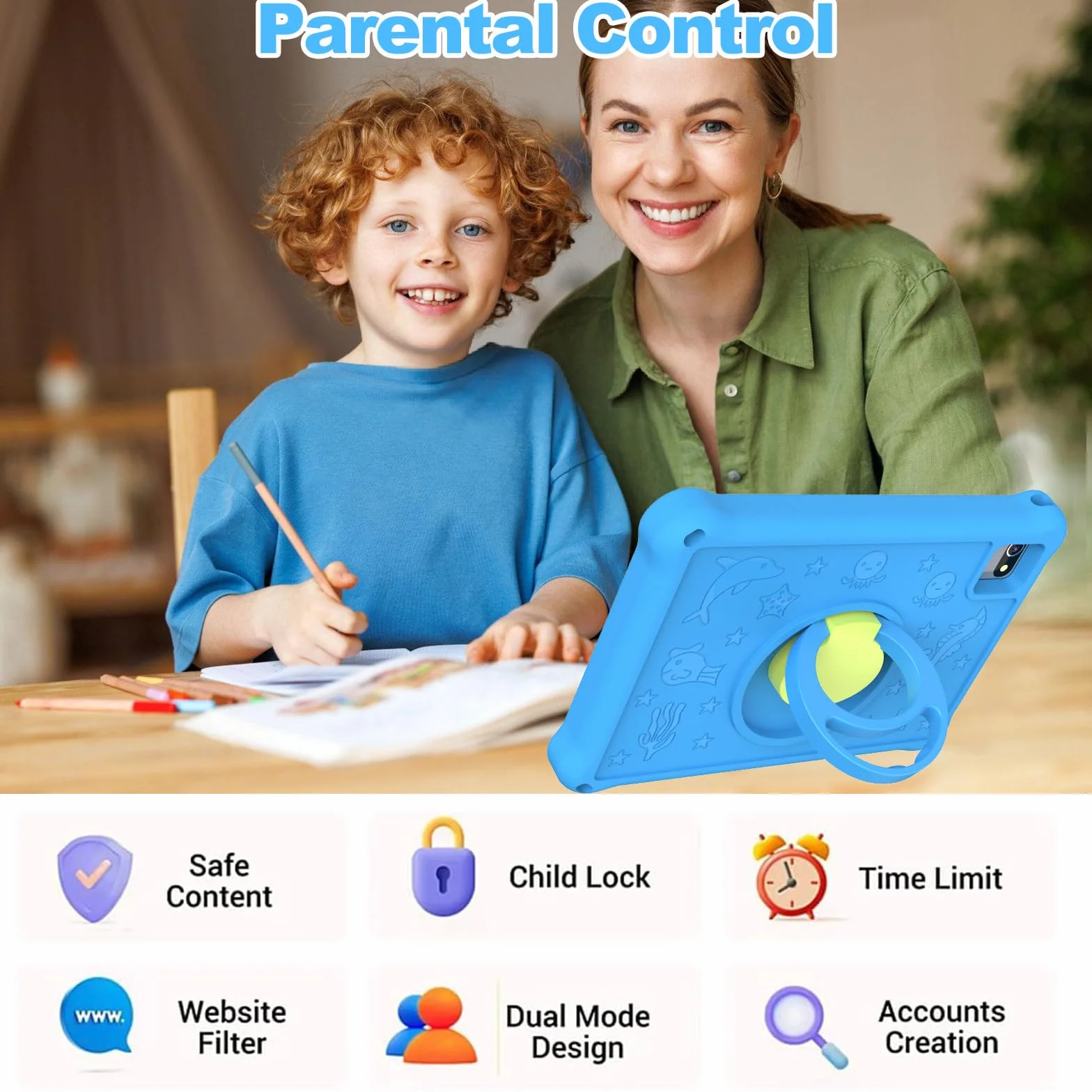 Tableta para Niños de 10.1 Pulgadas,Tabletas Android 13 con Funda Protectora, 8+128GB,Pantalla IPS 1280 * 800,Cámara Dual 2MP+5MP,6000mAh,Tableta Aprendizaje con Control Parental e iWawa,Azul