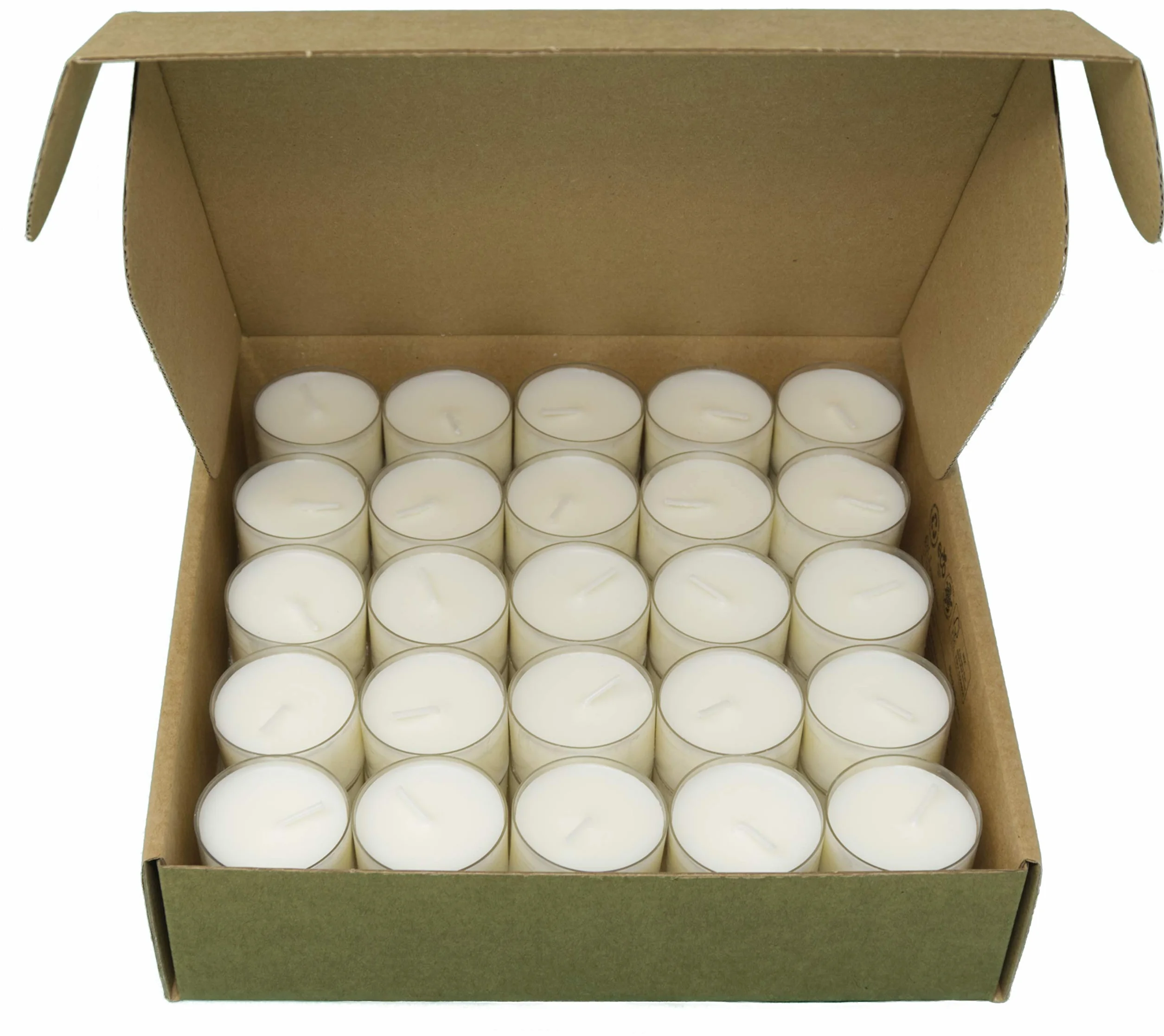 Velas de Cera de Colza Natural Candelitas en Taza Transparente Cera Blanca Luces Nocturnas No Tóxicas No Perfumadas (Caja de Kraft, 50 Candelitas - 8 Horas)