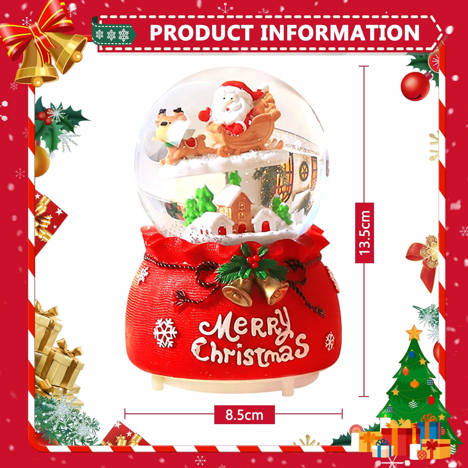Bola de Nieve Navidad Papá Noel Renos Ø 8,5x13,5cm Música Luces Cristal Decoración