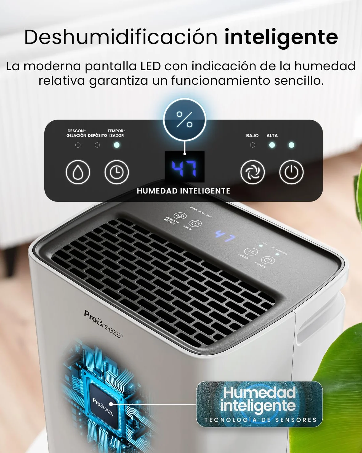 Pro Breeze Deshumidificador con Compresor 12L, Depósito 2L, Sensor Humedad, Temporizador 24H, 20m²