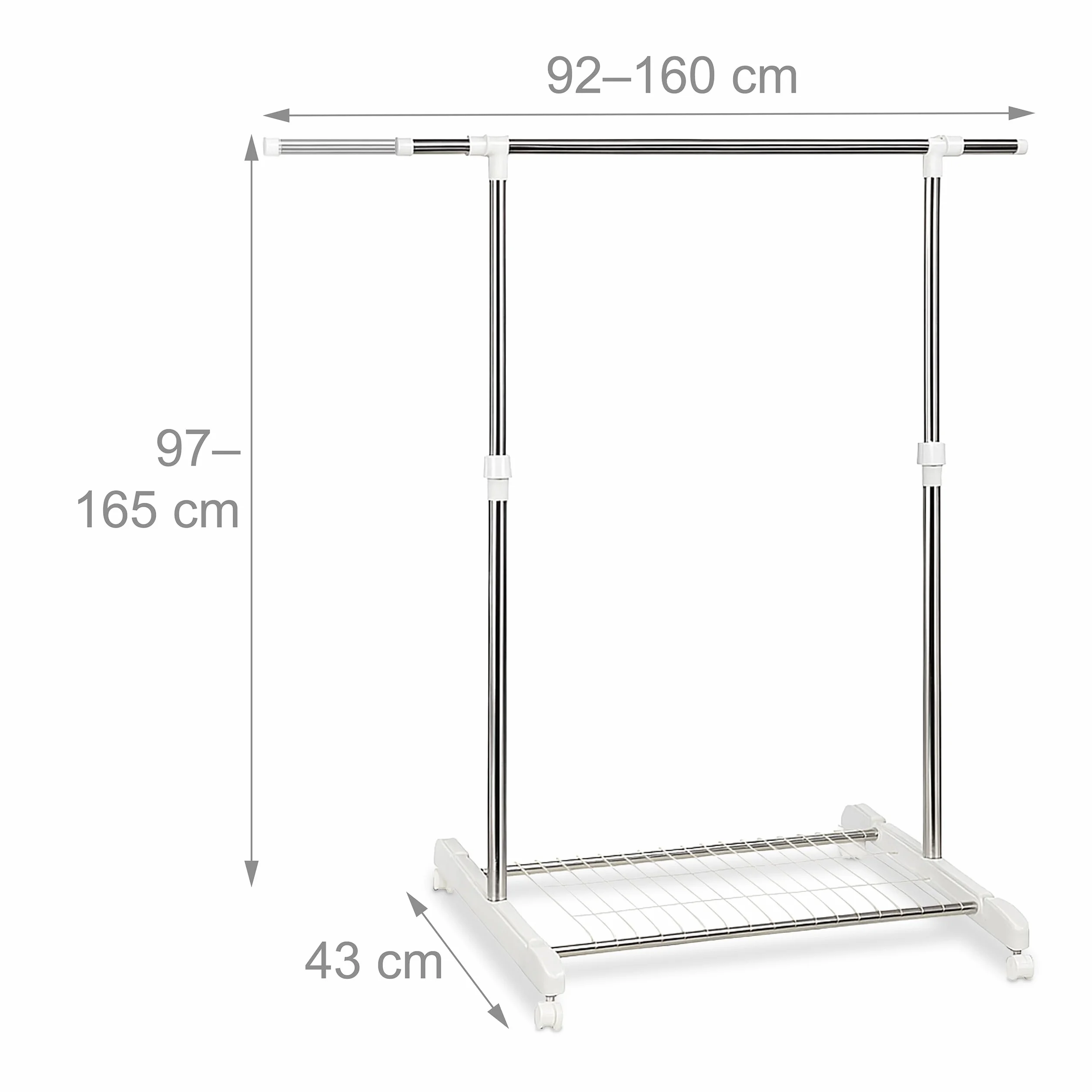 Perchero móvil Relaxdays con Estante, Altura Ajustable 97-165 cm, Anchura 92-160 cm, Plata/Blanco