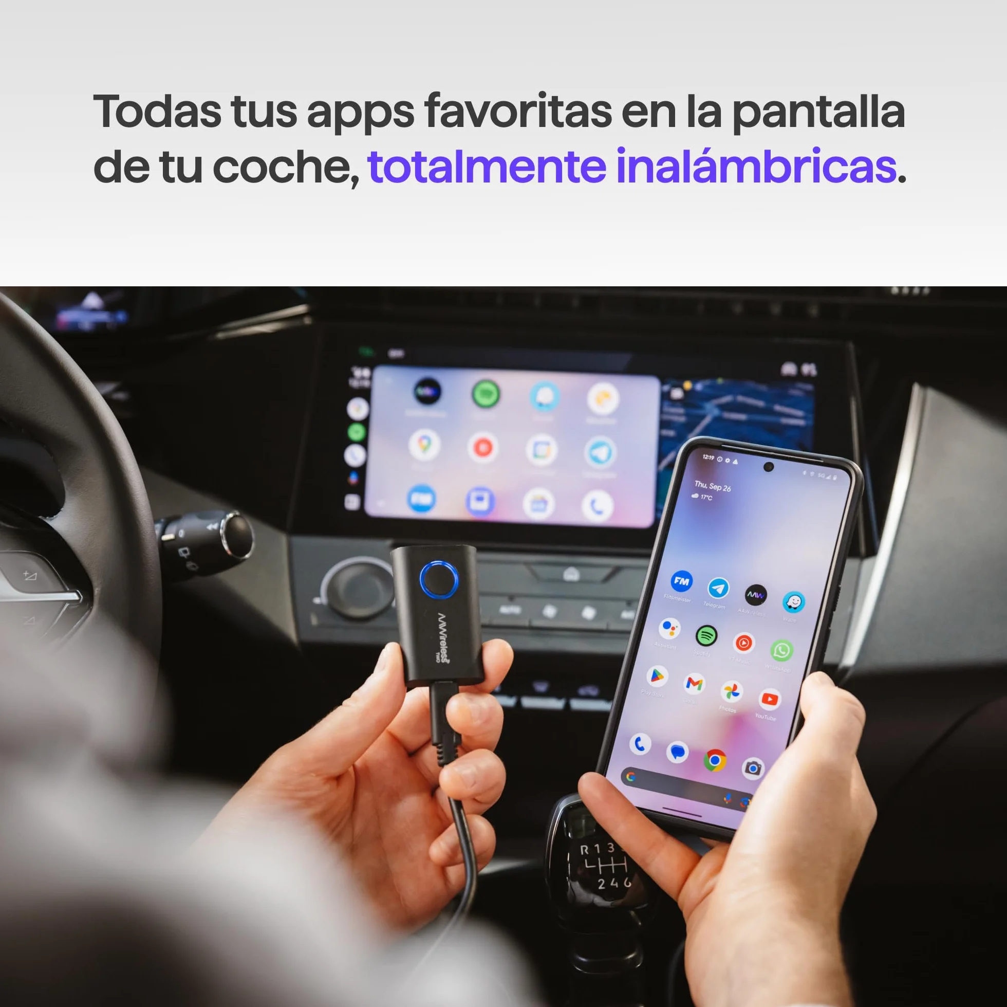 AAWireless Adaptador 2 en 1 para Android Auto y Apple Carplay, conexión inalámbrica a través de Bluetooth y WiFi, apto para iOS 10+ y Android 11+, botón multifuncional, fabricado en Europa