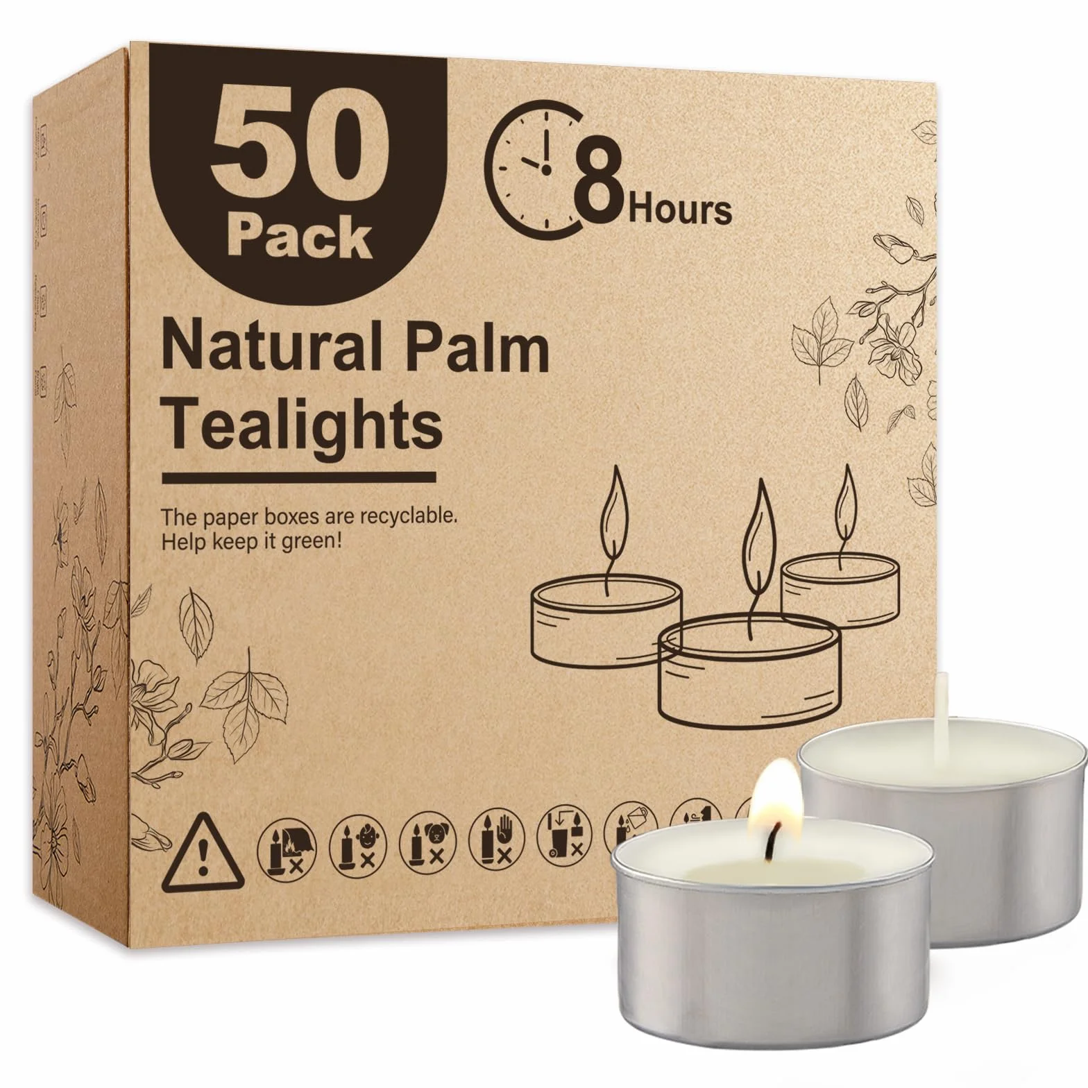 Ashlux Velas Tealight de Cera de Palma, 50 Unidades Blancas, 8-9h de Larga Duración, Sin Humo y Sin Olor, Con Portavasos de Aluminio, Sin Parafina para Boda, Fiesta y Decoración del Hogar