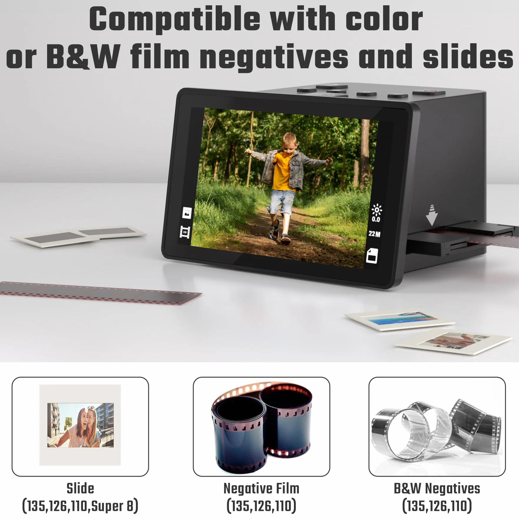 Escáner digital de película y diapositivas con gran pantalla LCD de 5 pulgadas, escáner de diapositivas para digitalizar escáner negativo, convierte 135, 126 KPK, 110 negativos y película Super 8 a 22