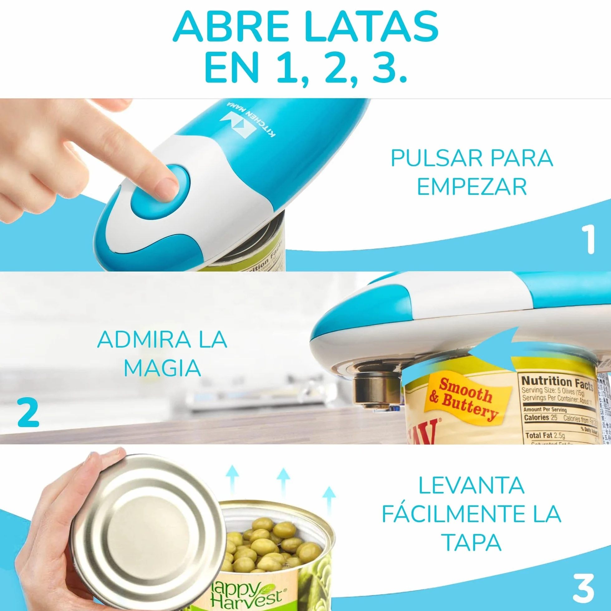 Kitchen Mama Abrelatas eléctrico Auto, automático, manos libres, borde liso, apto para alimentos, funciona con pilas (Azul cielo)