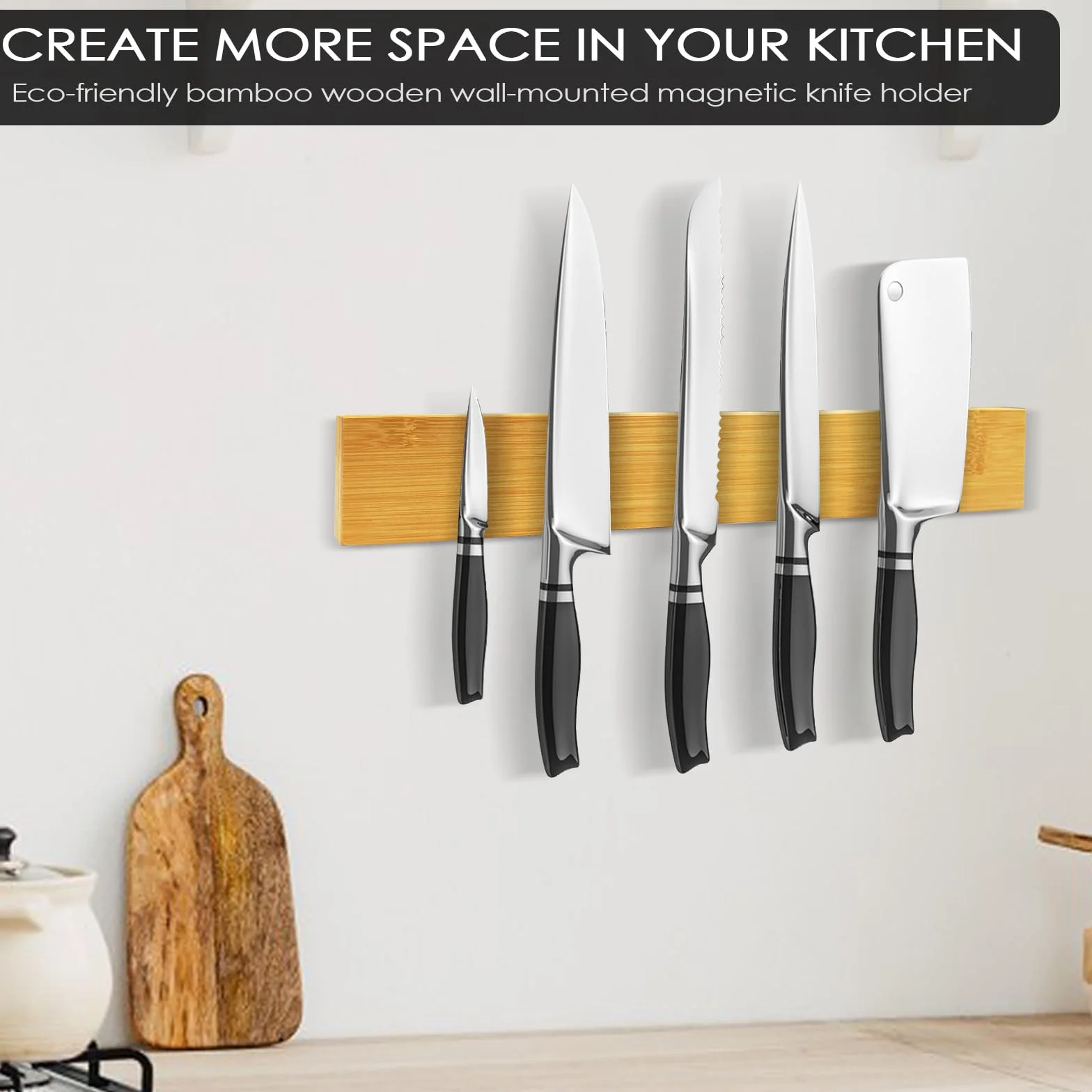 Barra Magnética de Madera para Cuchillos 40 cm, Soporte Magnético Adhesivo para Pared