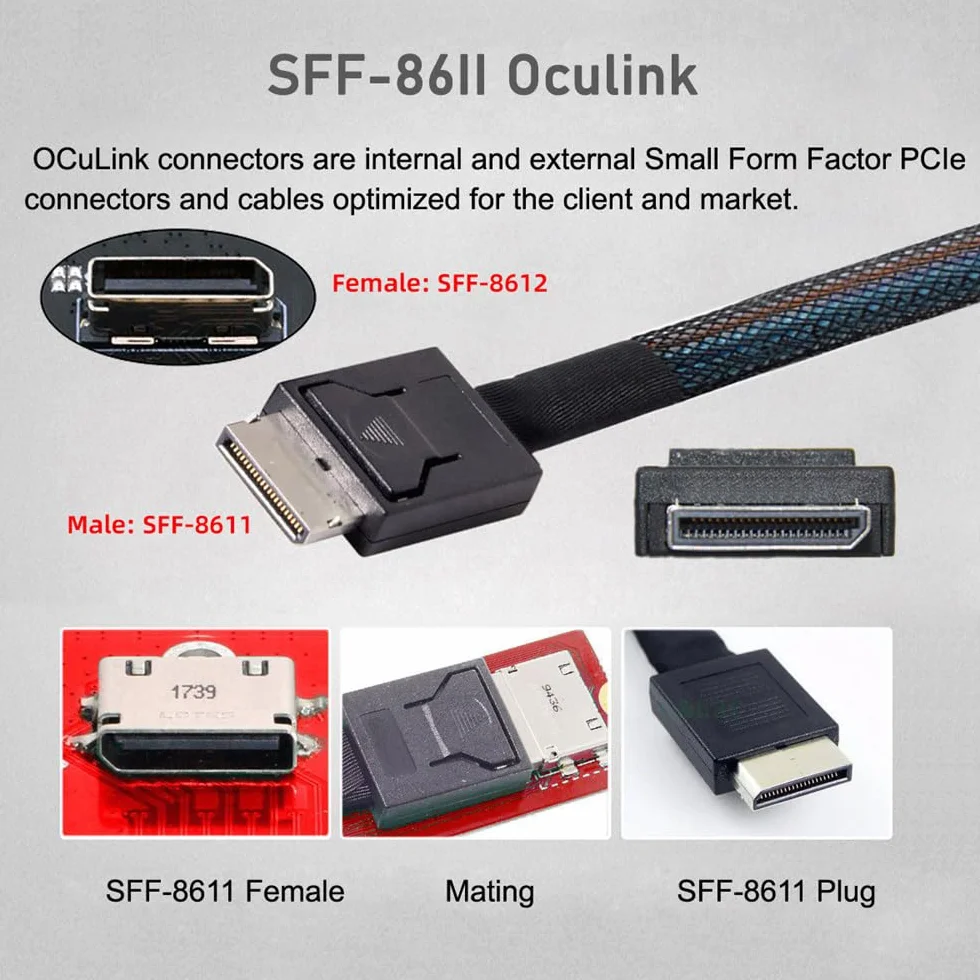 Cable activo de datos OcuLink PCIe 4.0 PCI-Express SFF-8611 4i a SFF-8611 en ángulo izquierdo de 90 grados para eGPU SSD de 50 cm