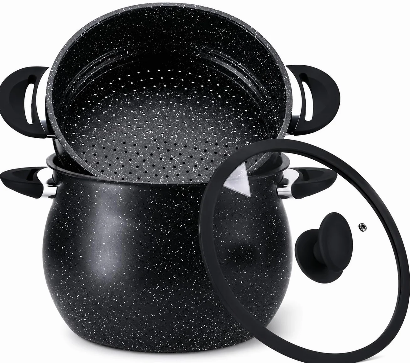 Royal Swiss Cuscoussier 30 cm 14L tapa de cristal revestimiento piedra antiadherente aluminio negro inducción olla vapor couscous verduras