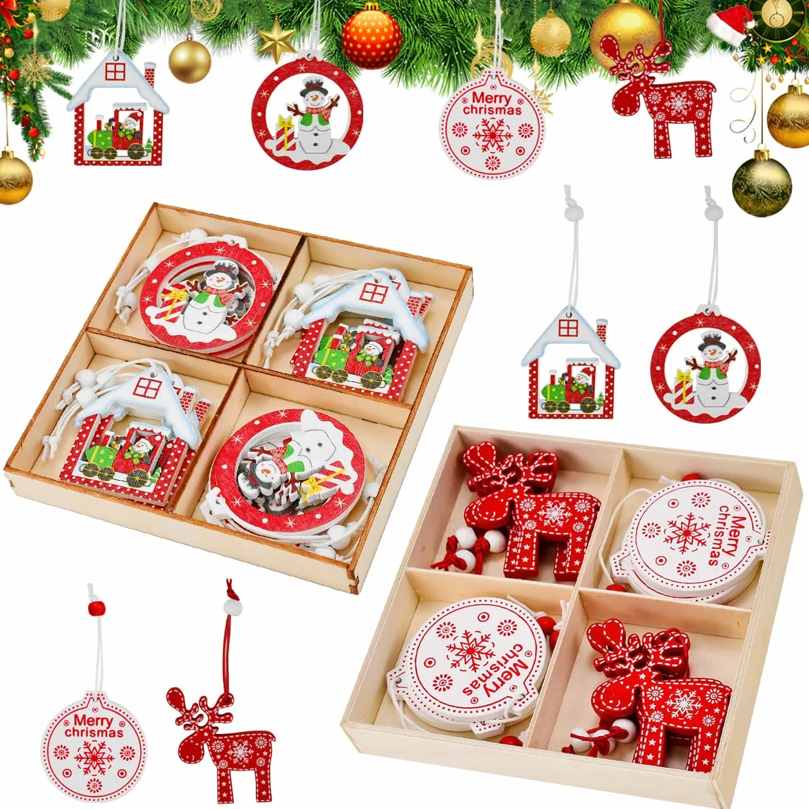 QINERSAW 24 Piezas Adornos de Madera para Árbol de Navidad con Cordel