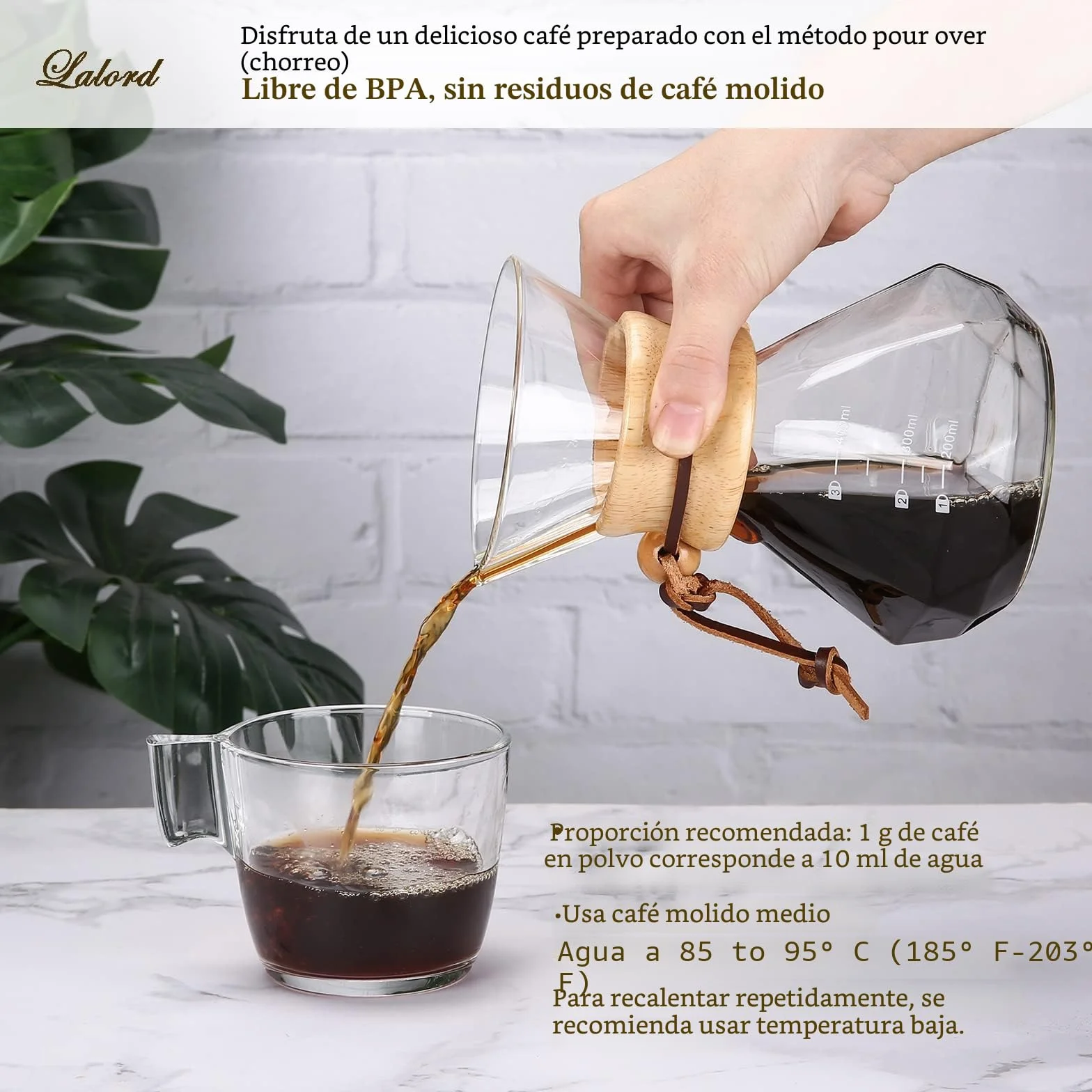 Cafetera de Goteo Lalord con Filtro de Acero Inoxidable Reutilizable, Jarra de Vidrio de Borosilicato, 400 ml