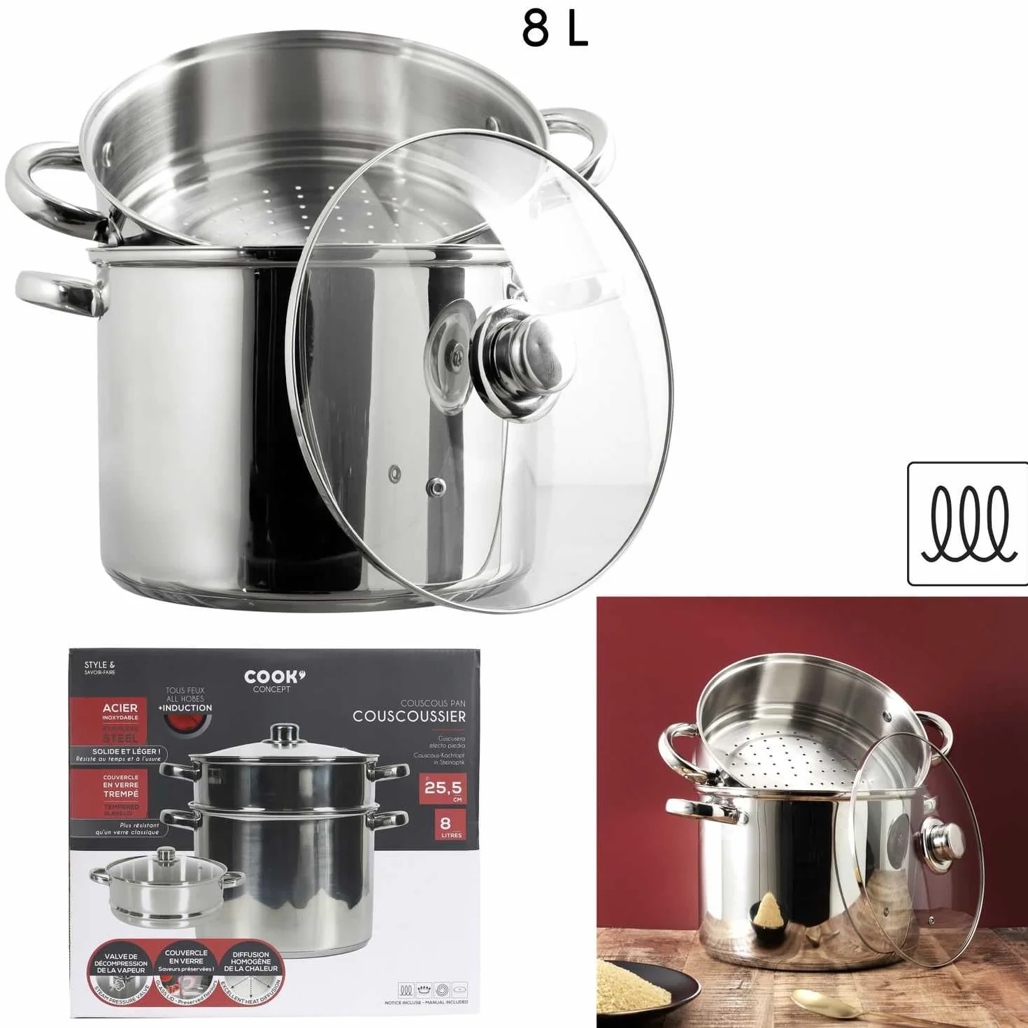 COOK CONCEPT KC0004 Olla de Metal con Tapa de Vidrio 7L Compatible con Todo Tipo de Fuegos y Horno