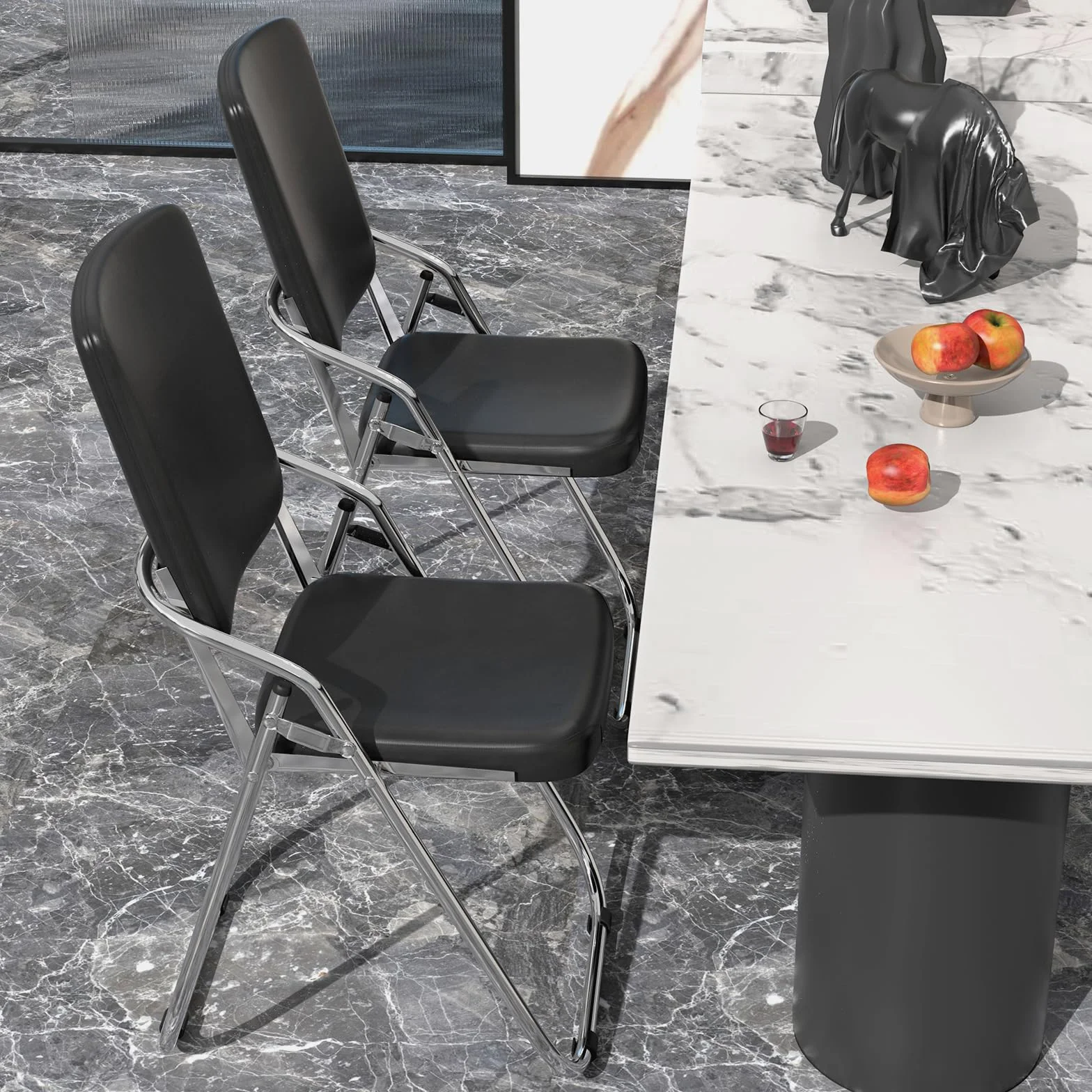Silla Plegable de Metal con Piel Sintética Tapizada, Negra, para Hogar y Oficina