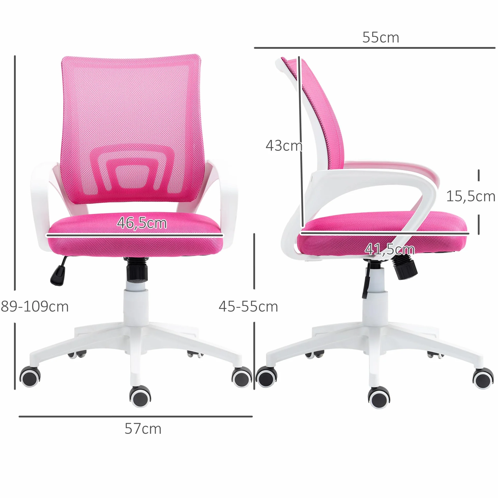 HOMCOM Silla de Oficina de Malla Giratoria Altura Ajustable Basculante Soporte Lumbar Reposabrazos Carga 120 kg Rosa