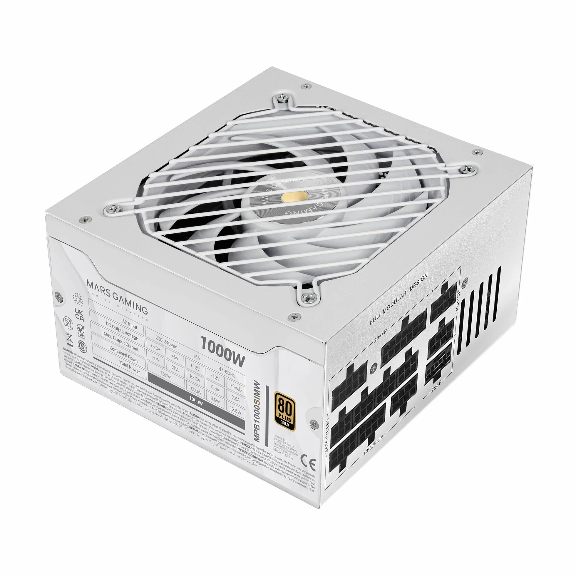 Mars Gaming MPB1000SIM, Fuente Alimentación Full Modular ATX 1000W, 7 Años Garantía, 80Plus Gold 90%, Ventilador SI Extreme Silence 140mm, Tecnologías AI2-RPM, Condensadores Japoneses, Blanco