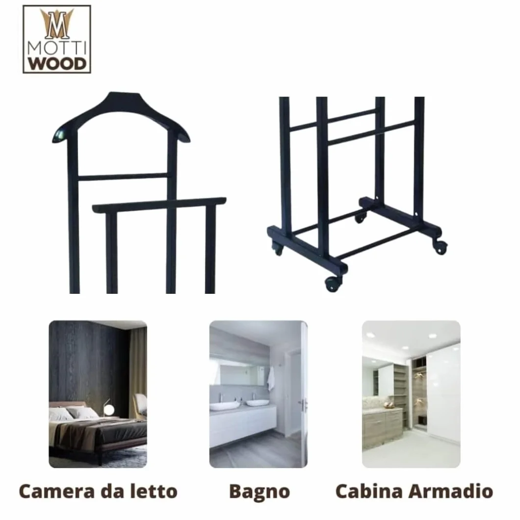 Perchero de dormitorio 2 usuarios negro madera de haya natural doble con 4 ruedas Italia