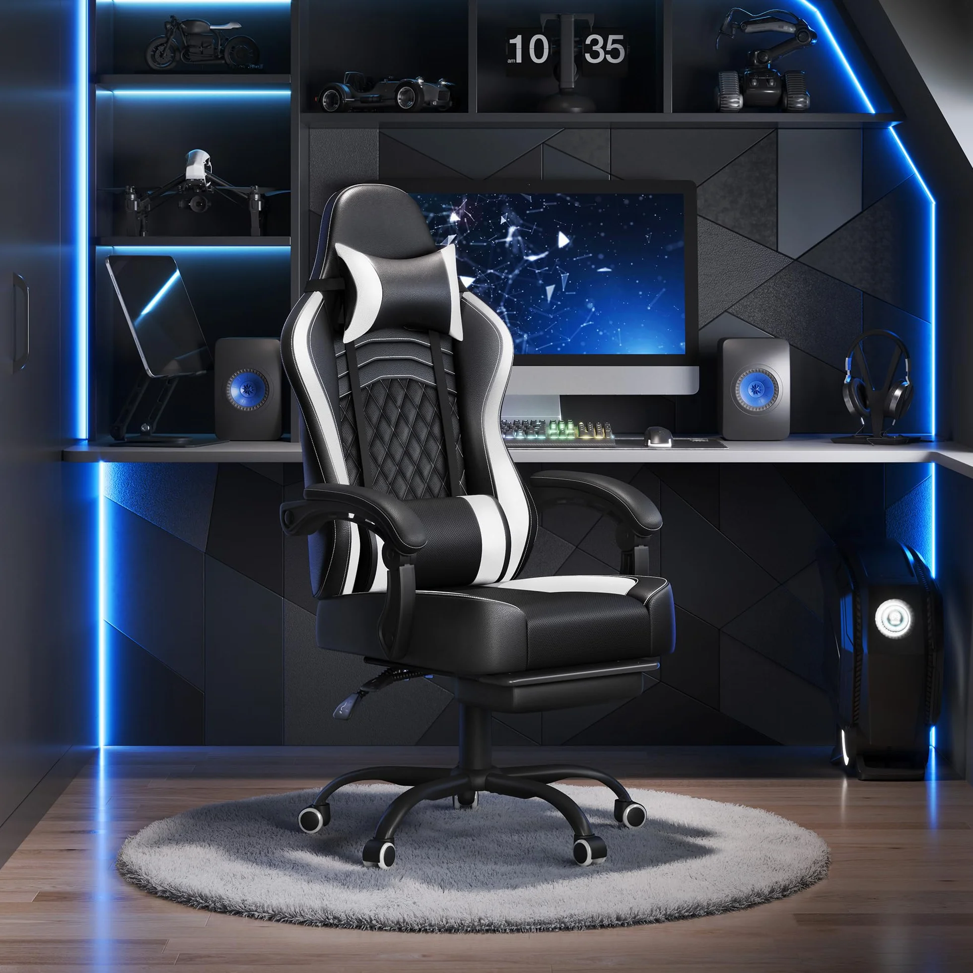 Yaheetech Silla Gaming Ergonómica con Respaldo Alto, Masaje Lumbar, Reposacabezas y Reposapiés, Ajustable, Negra/Blanca
