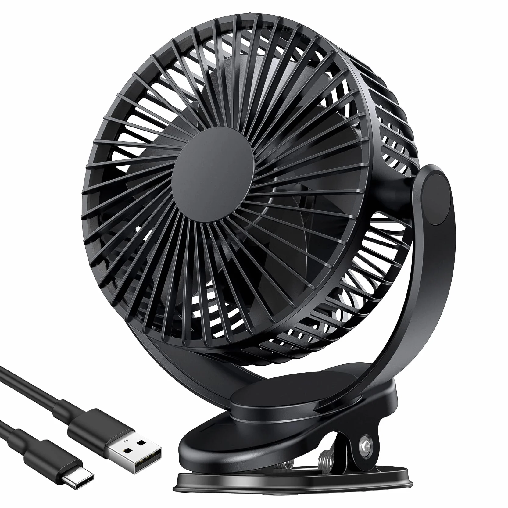 ATEngeus Ventilador USB, ventilator Portátil, 5000 mAh Ventilador de escritorio, 3 velocidades, Ventilador Silencioso de Rotación de 720°, Clip Fan para camping, cinta de correr y coche