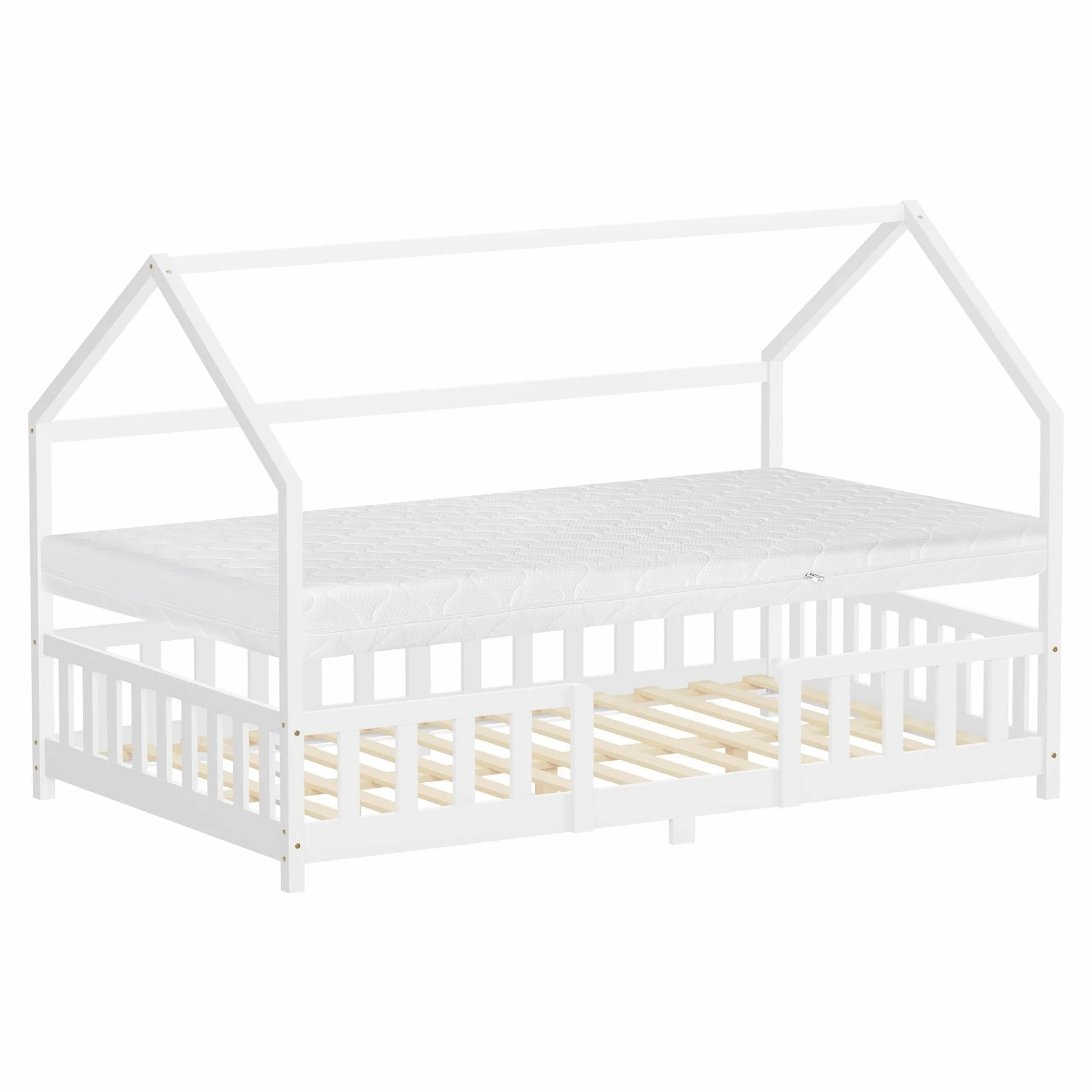 ML-Design Cama Infantil 120x200cm Blanco, con Colchón, Protección Anticaída, Techo y Somier, Listones de Madera de Maciza de Pino Lecho Doble Montessori Forma de Casa Mobiliario Juvenil, para Niños