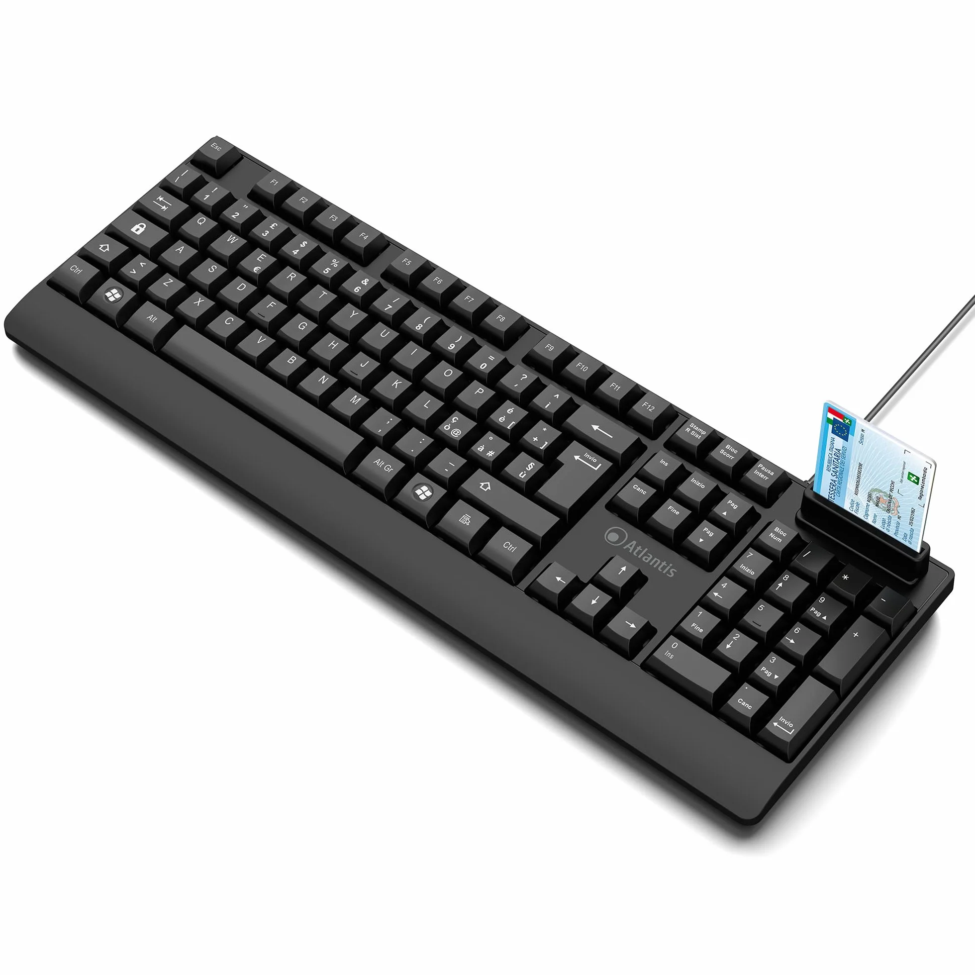 Atlantis Teclado con lector de tarjetas inteligentes integrado, QWERTY italiano, lectura CNS, CRS, tarjeta de salud, firma digital, puerto USB, cable de 1,5 m - negro