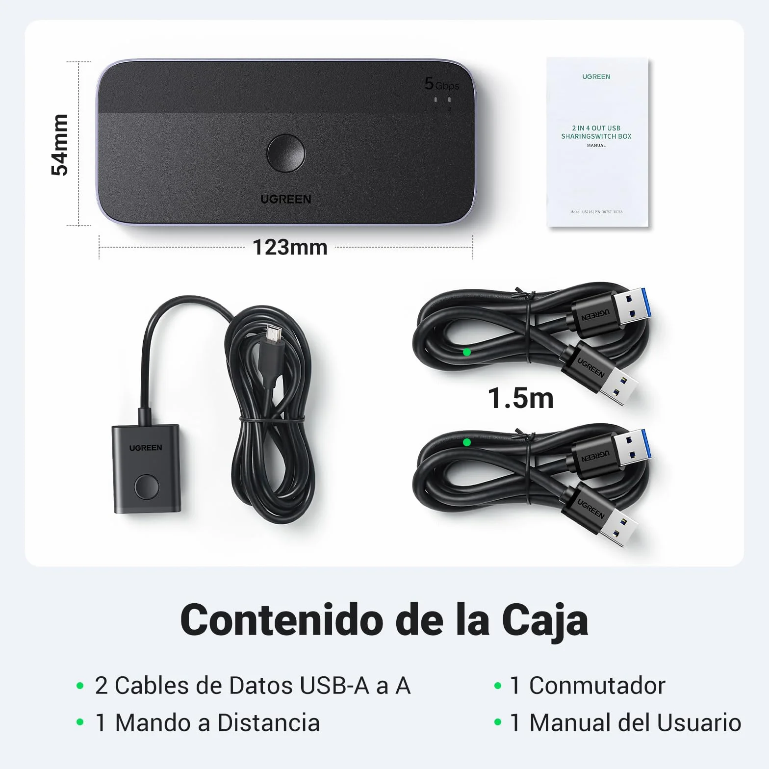 UGREEN KVM Switch 2 Entradas y 4 Salidas Conmutador USB 3.0 con 2 Cable para Compartir 4 Dispositivos de Teclado, Ratón, Memorias, Disco Duro, Impresoras, Escáneres, etc