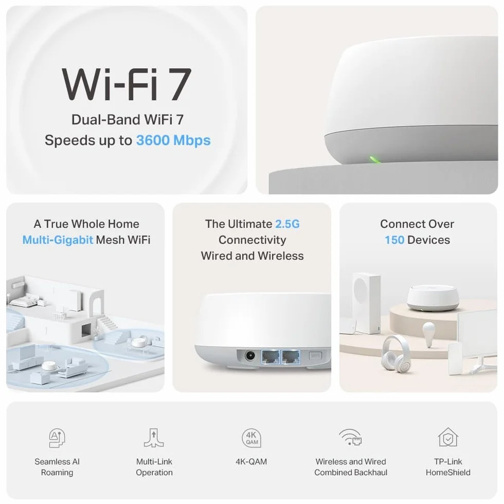 TP-Link Deco BE25 3-pack Wi-Fi 7 Mesh BE3600 AI Mesh Dual-Banda 3.6 Gbps Puertos 2.5 Gbps MLO