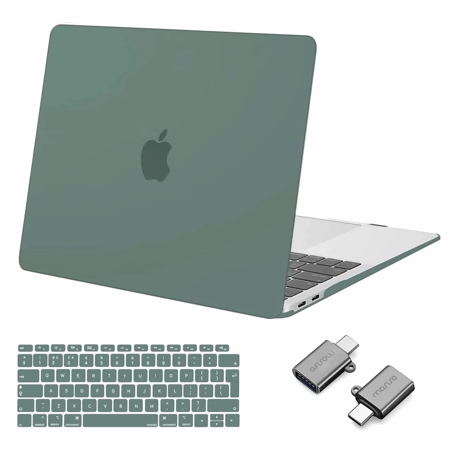 MOSISO Funda Dura Compatible con MacBook Air 13 Pulgadas 2022-2018 A2337 M1 A2179 A1932,Carcasa Rígida Protector de Plástico Estuche&Teclado Cubierta&Tipo C Paquete 2 Adaptadores,Verde Medianoche
