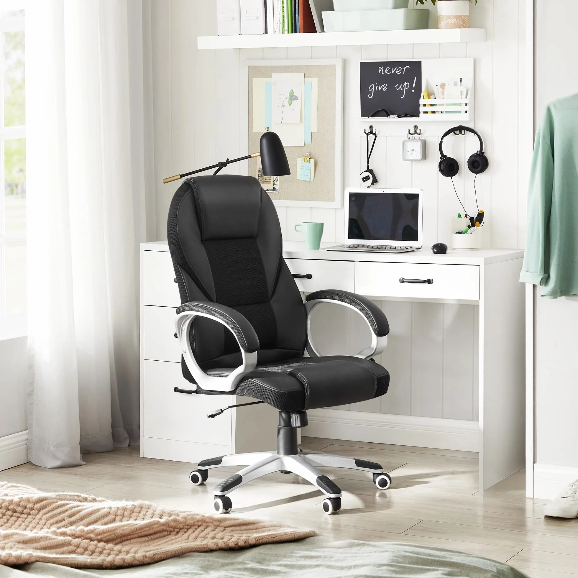 SONGMICS Silla de Oficina Ergonómica Giratoria con Ruedas Altura Ajustable OBG22B Negro Tinta