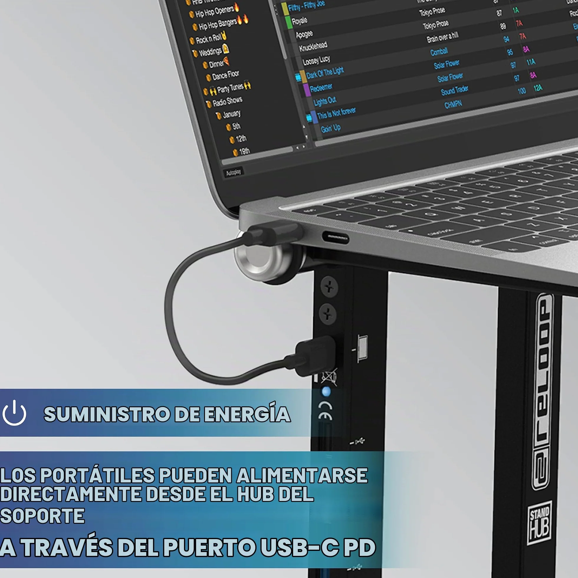 Reloop Stand Hub Innovadora combinación de soporte para portátil y hub usb-c avanzado con alimentación Powerdrive