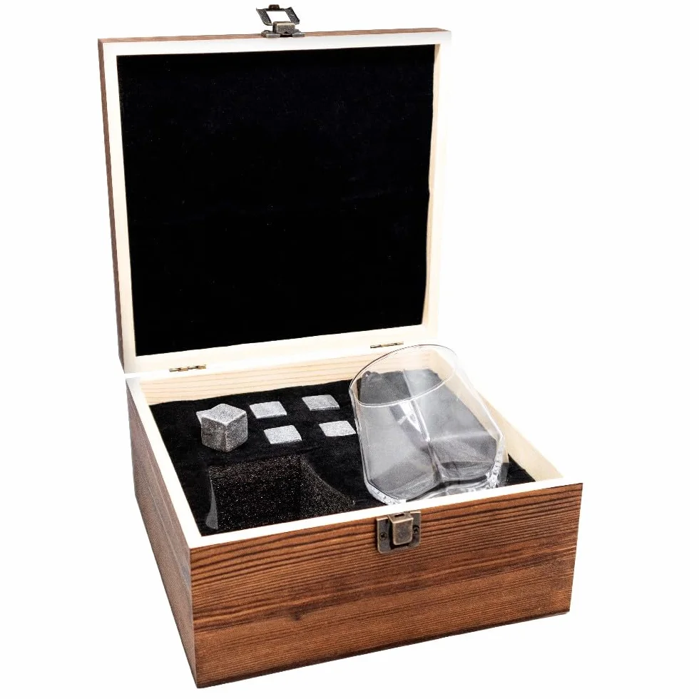 Vin Bouquet Fia 1366 Set Whiskey Caja Madera con Piedras Enfriar y Copas Cristal Accesorios Whisky Regalo