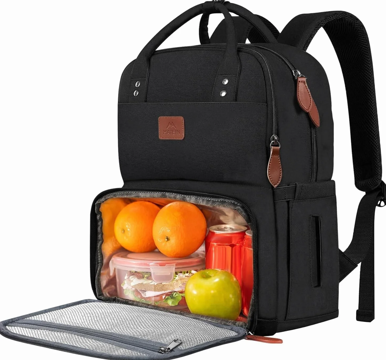 MATEIN Mochila de Picnic para Portatil de 15.6" con Compartimento Térmico para Almuerzo, Mochila Trabajo Mujer Impermeable, Lunch Backpack para Oficina, Camping y Viajes, Negro