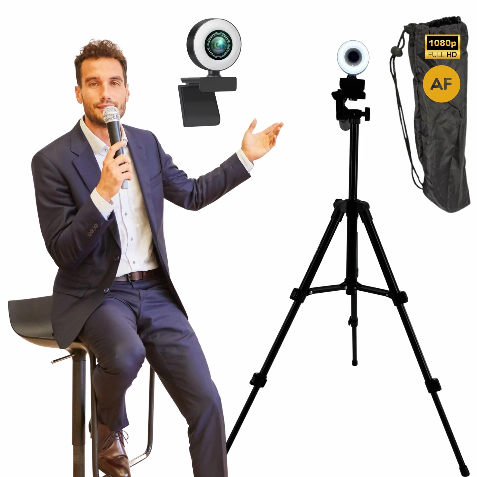 TronicXL Webcam con enfoque automático con lámpara de anillo + trípode de 60 cm Full HD 1920 x 1080p I 2 micrófonos estéreo cancelación de ruido fondo I para ordenador PC portátil para Xbox
