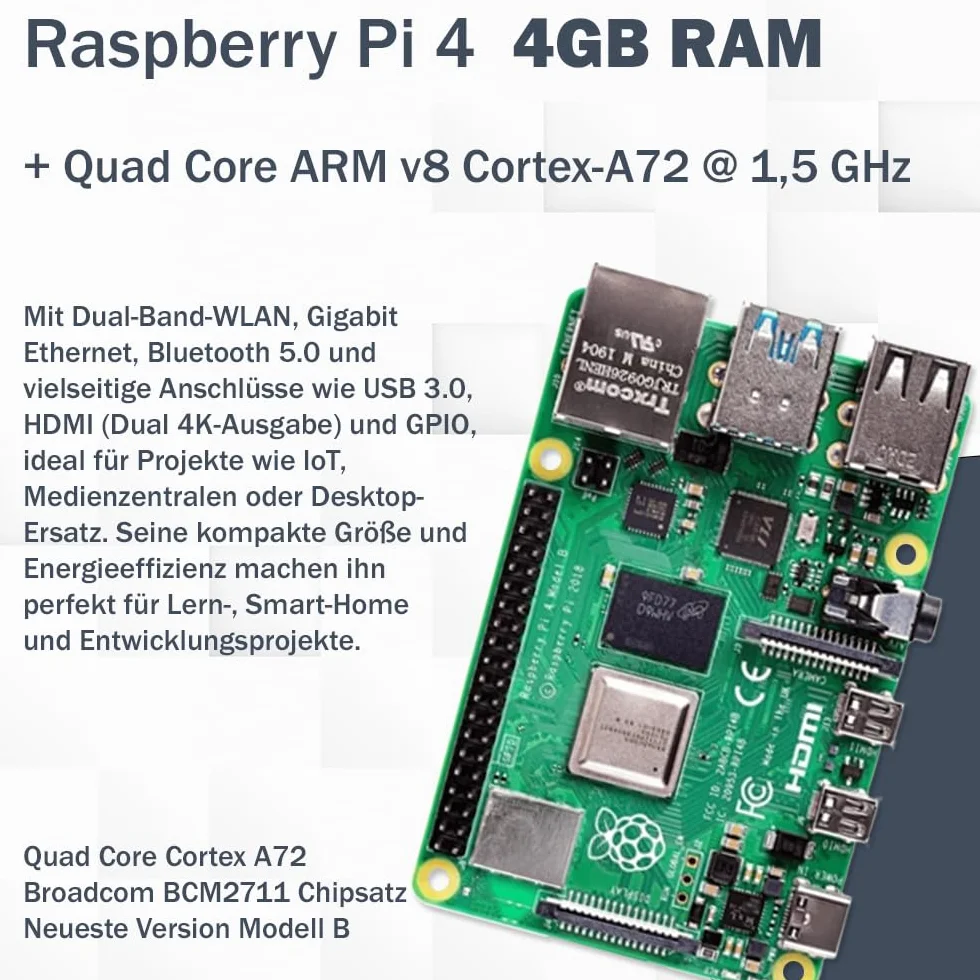 Raspberry Pi 4 4 GB / 8 GB Starter Kit | 64 GB SD tarjeta | Fuente de alimentación USB-C de 15 W | Carcasa | Cable Micro HDMI 4K | Juego de disipador de calor (4 GB de RAM)