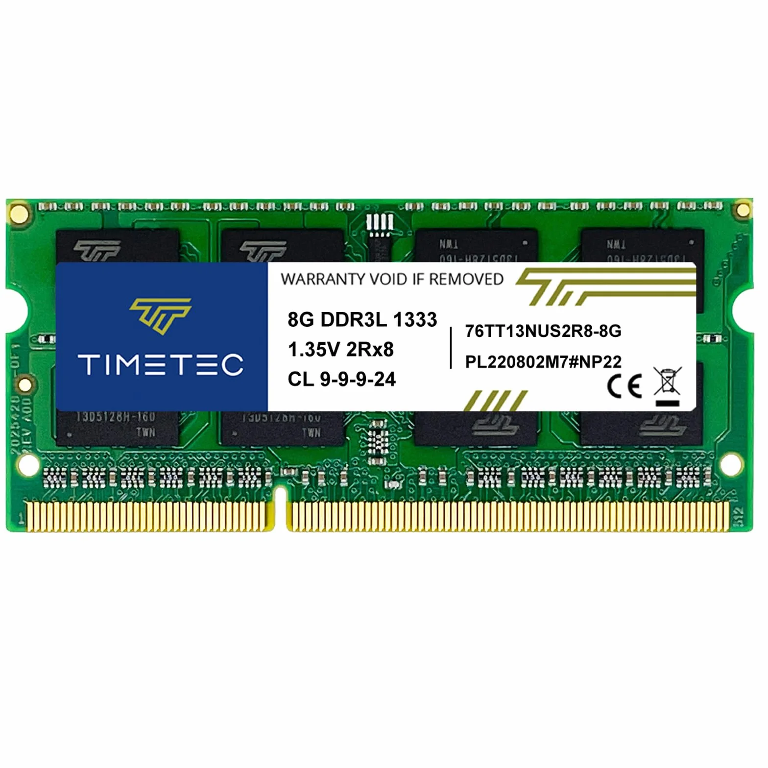 Timetec 8GB DDR3/DDR3L 1333MHz PC3-10600 Non-ECC Unbuffered 1.35V CL9 2Rx8 Dual Rank 204 Pin SODIMM Laptop PC Memoria RAM Módulo Actualización