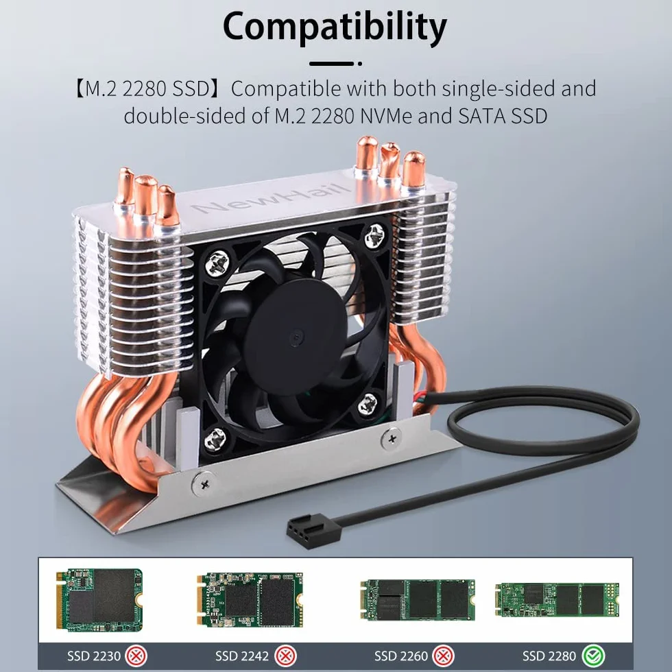 12V M.2 2280 SSD Disipador con 40mm PWM Ventilador, Tubo de Cobre y Thermal Pad, SSD Enfriador para M.2 2280 NVMe & SATA SSD Solo